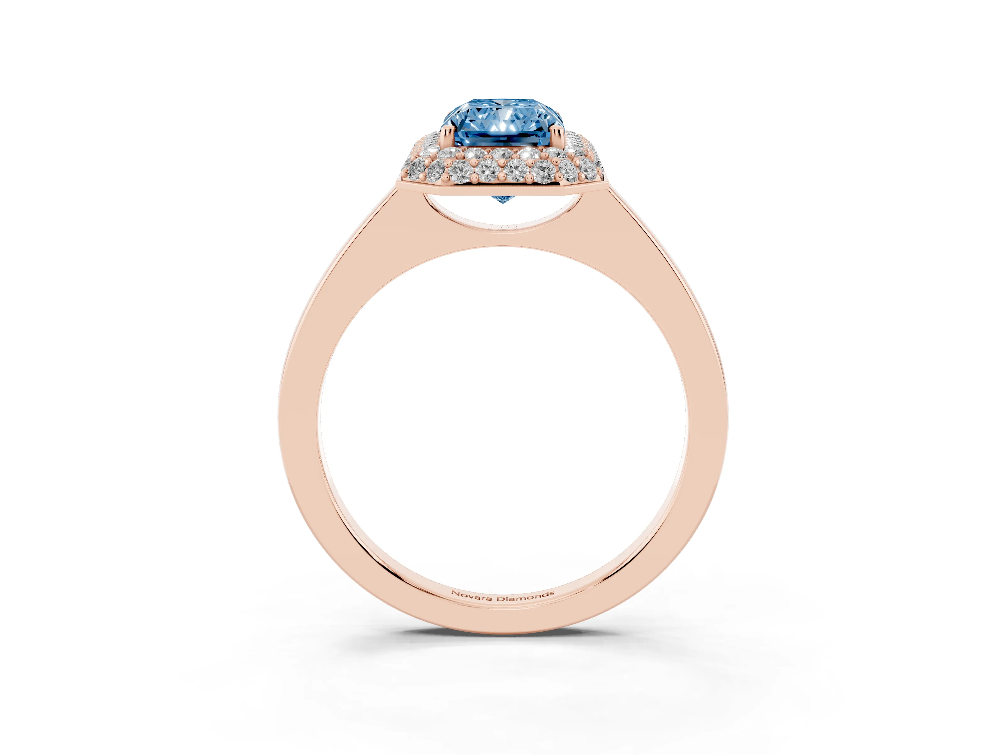 Fancy Blue Radiant Cut Diamond Halo Engagement Ring Set in Rose gold with Solitaire Band and Prong Setting