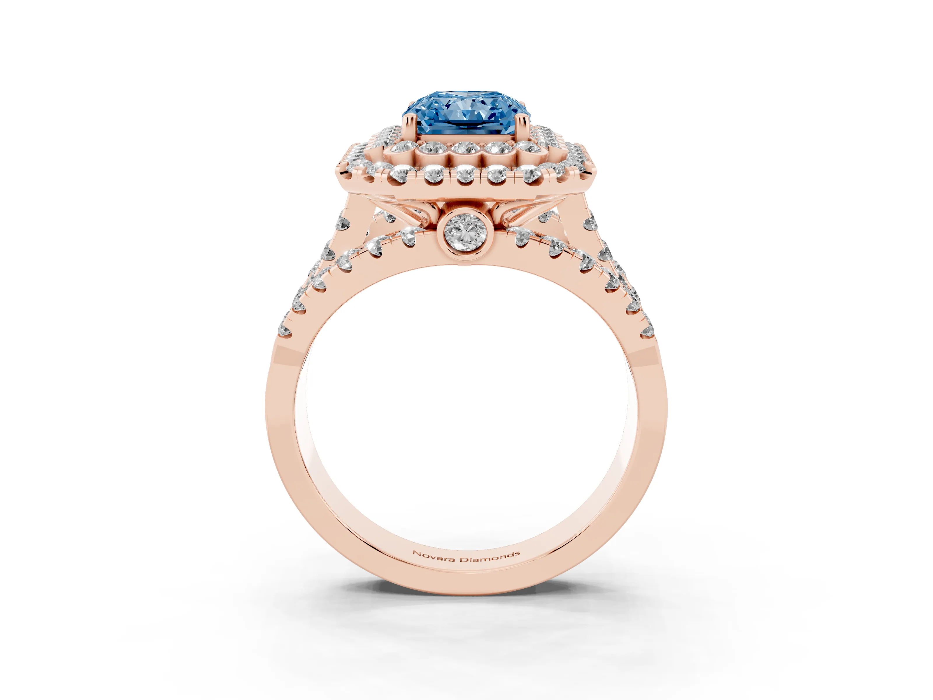 Fancy Blue Radiant Cut Diamond Double Halo Ring Set in Rose gold with Round Pavé Split Shank