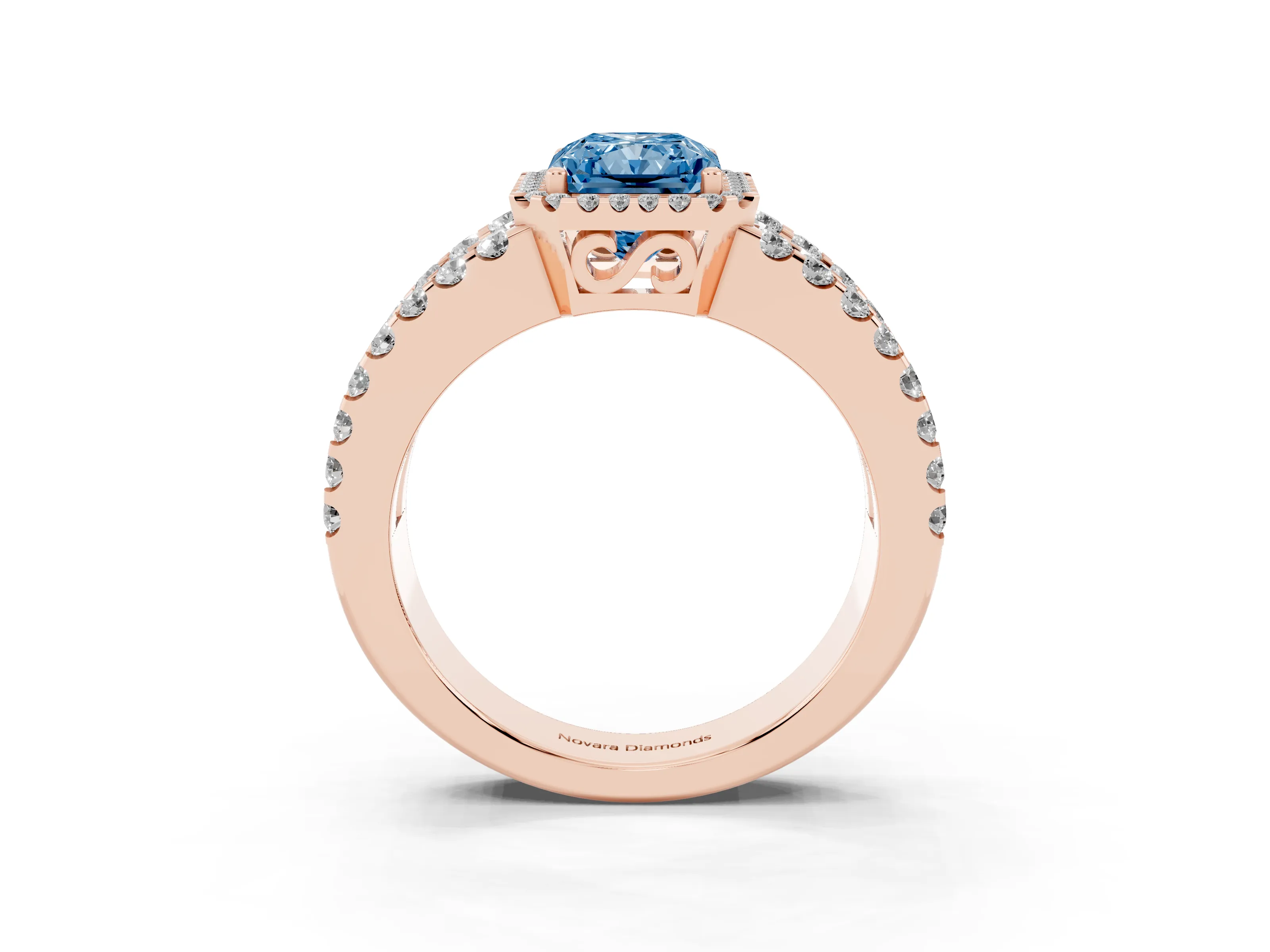 Fancy Blue Radiant Cut Diamond Halo Ring Set in Rose gold with Pavé Split Shank and Prong Setting