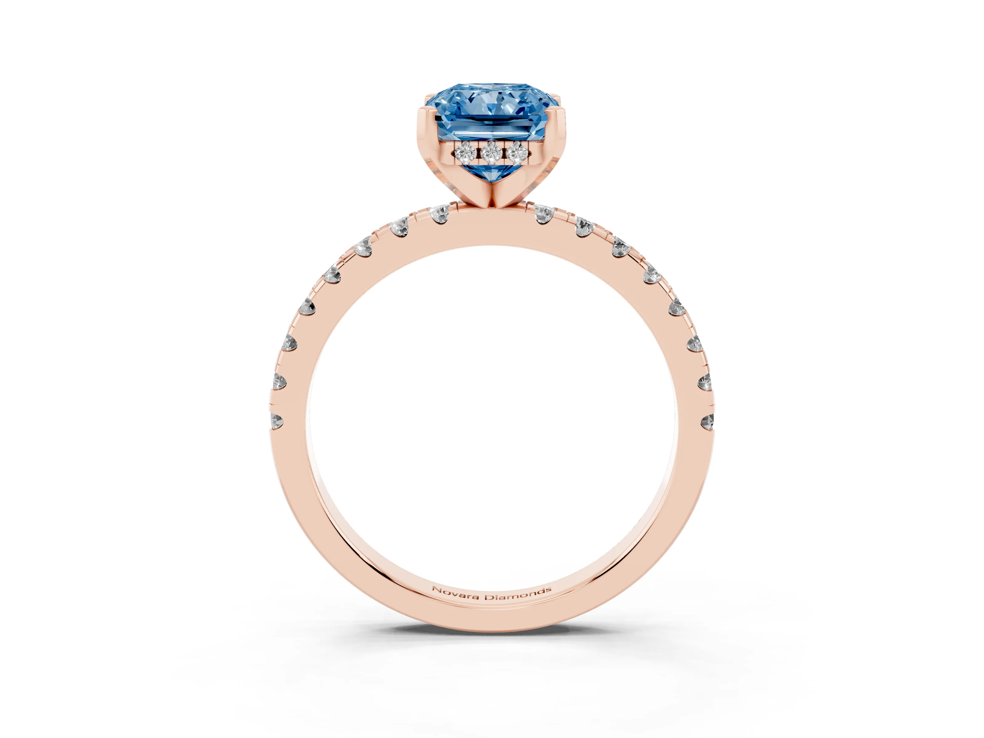 Fancy Blue Radiant Cut Diamond Pavé Solitaire Ring Set in Rose gold with Round Band Accents and Prong Setting