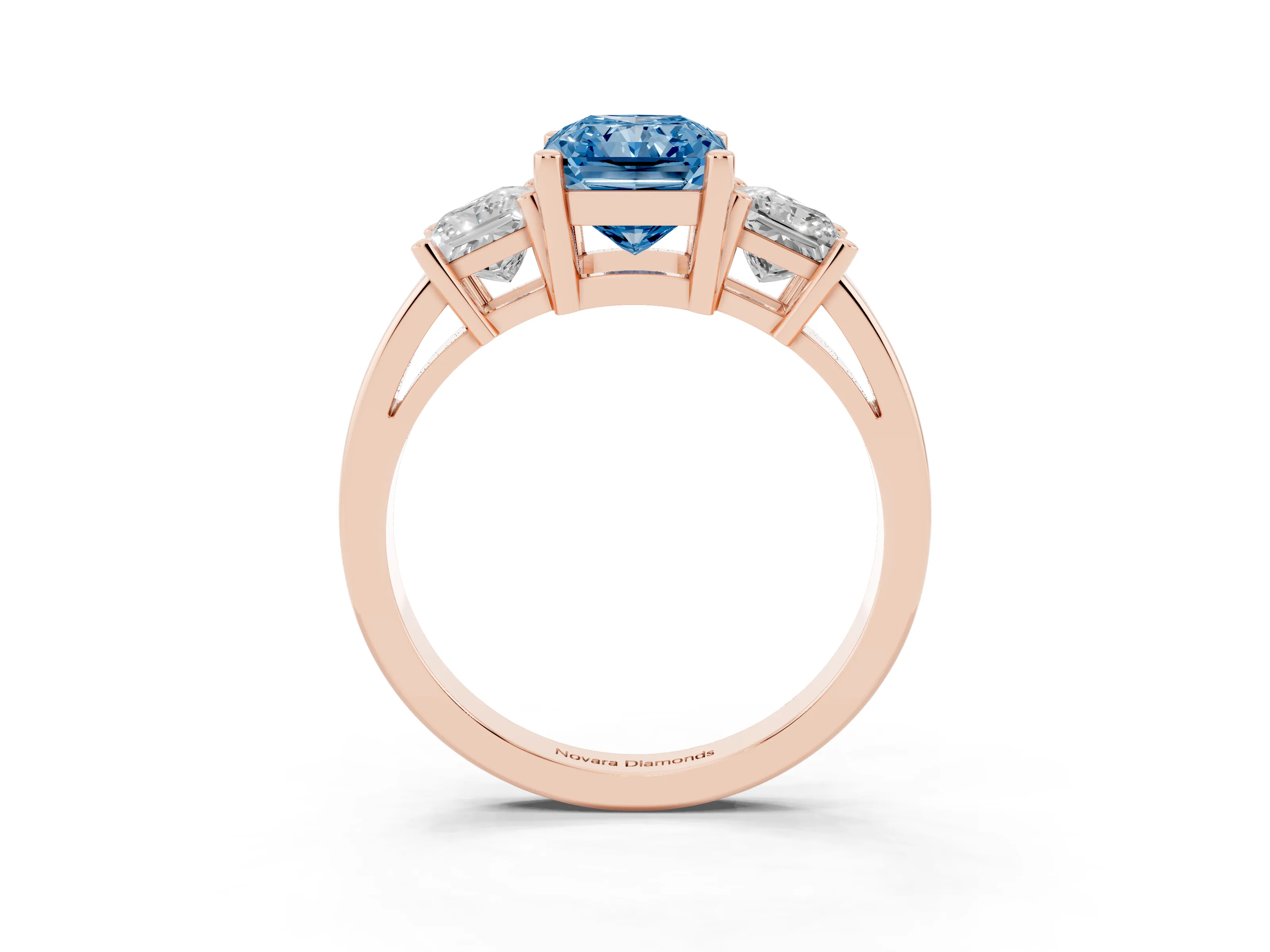 Fancy Blue Three-Stone Radiant Cut Diamond Solitaire Ring Set in Rose gold with Prong Setting