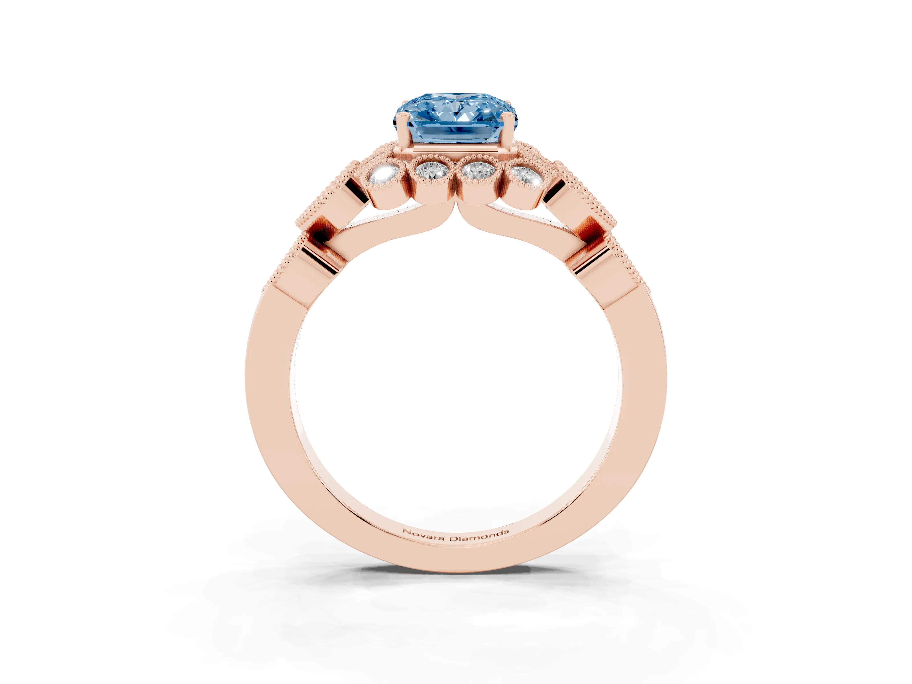 Fancy Blue Radiant Cut Diamond Solitaire Ring Set in Rose gold with Milgrain Pavé Heart Band