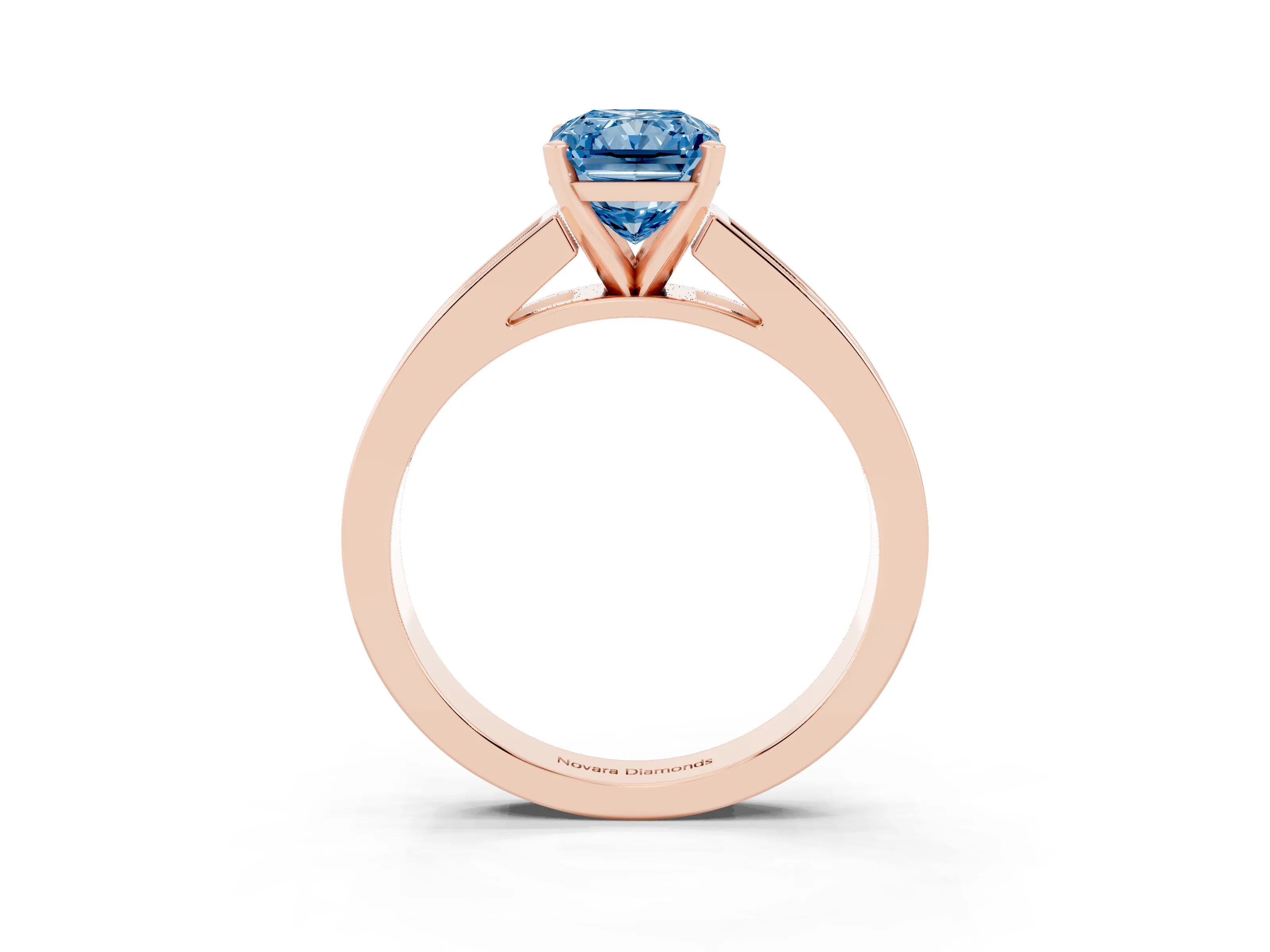 Fancy Blue Radiant Cut Diamond Solitaire Ring Set in Rose gold with Channel-Set Band and Prong Setting