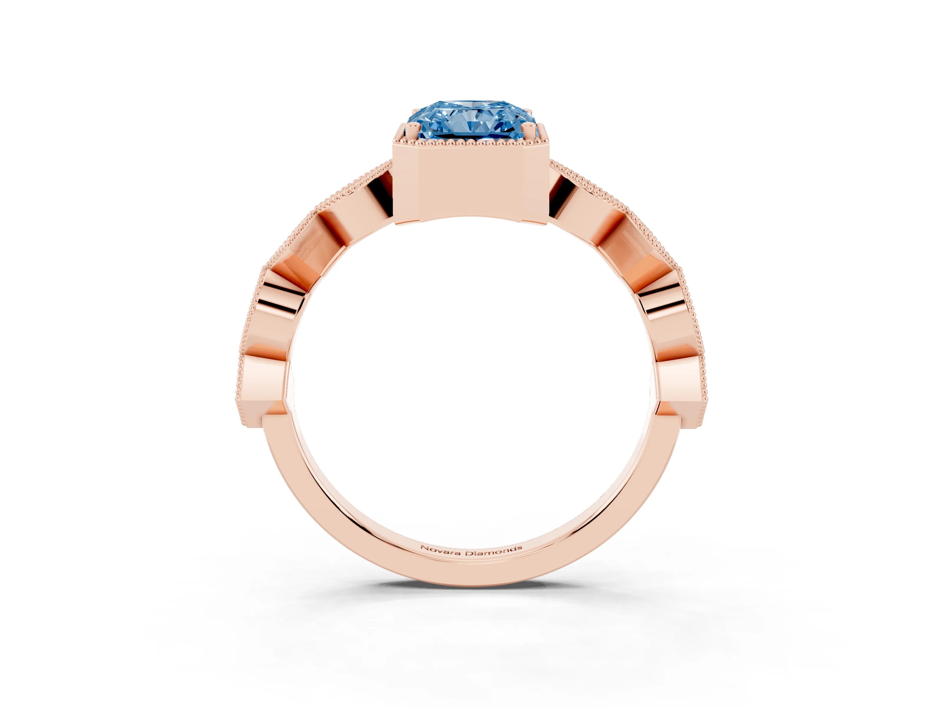 Fancy Blue Radiant Cut Diamond Milgrain Marquise Twist Band Ring Set in Rose gold with Prong Setting