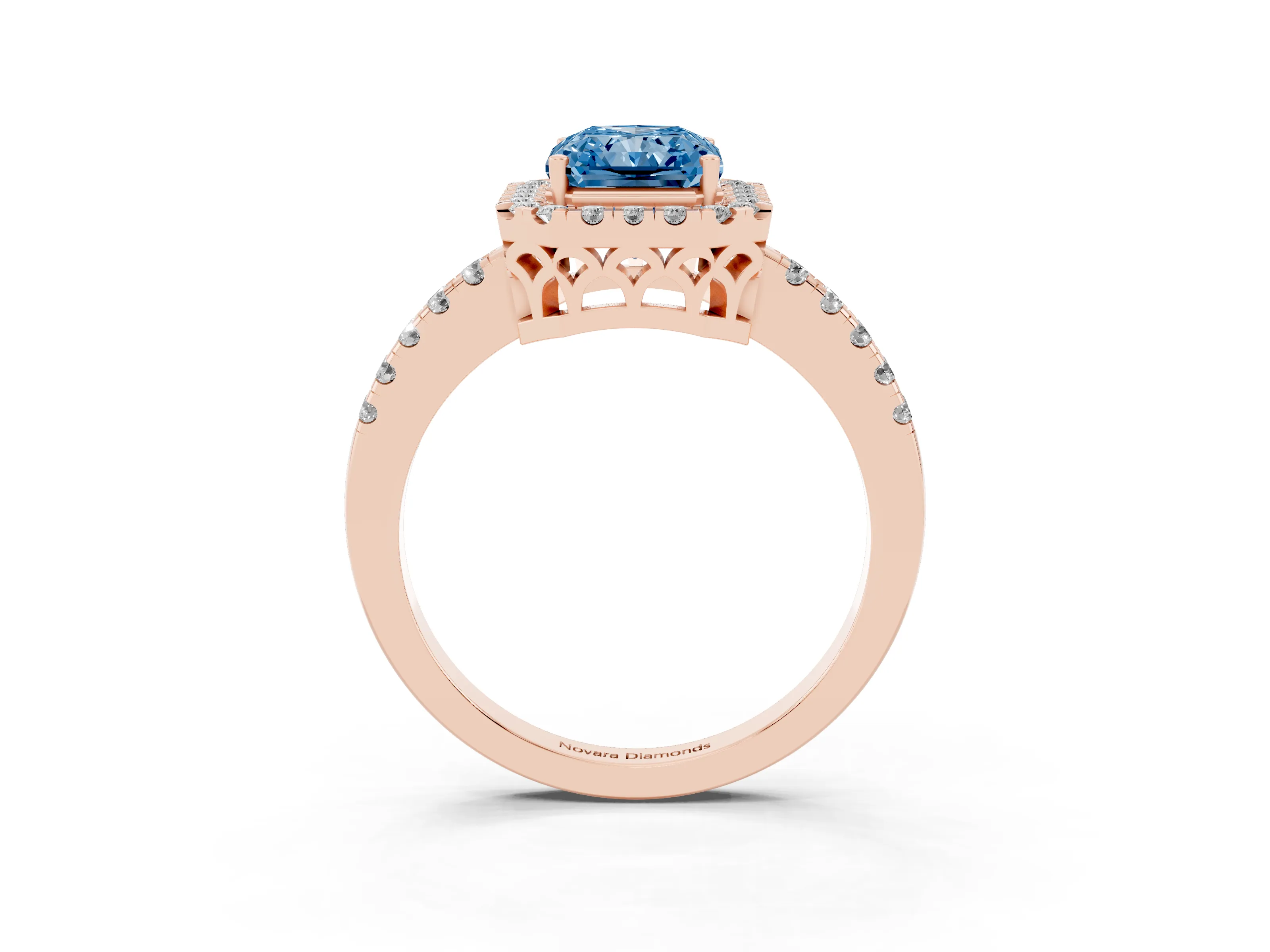 Fancy Blue Radiant Cut Diamond Pavé Band Halo Engagement Ring Set in Rose gold with Prong Setting