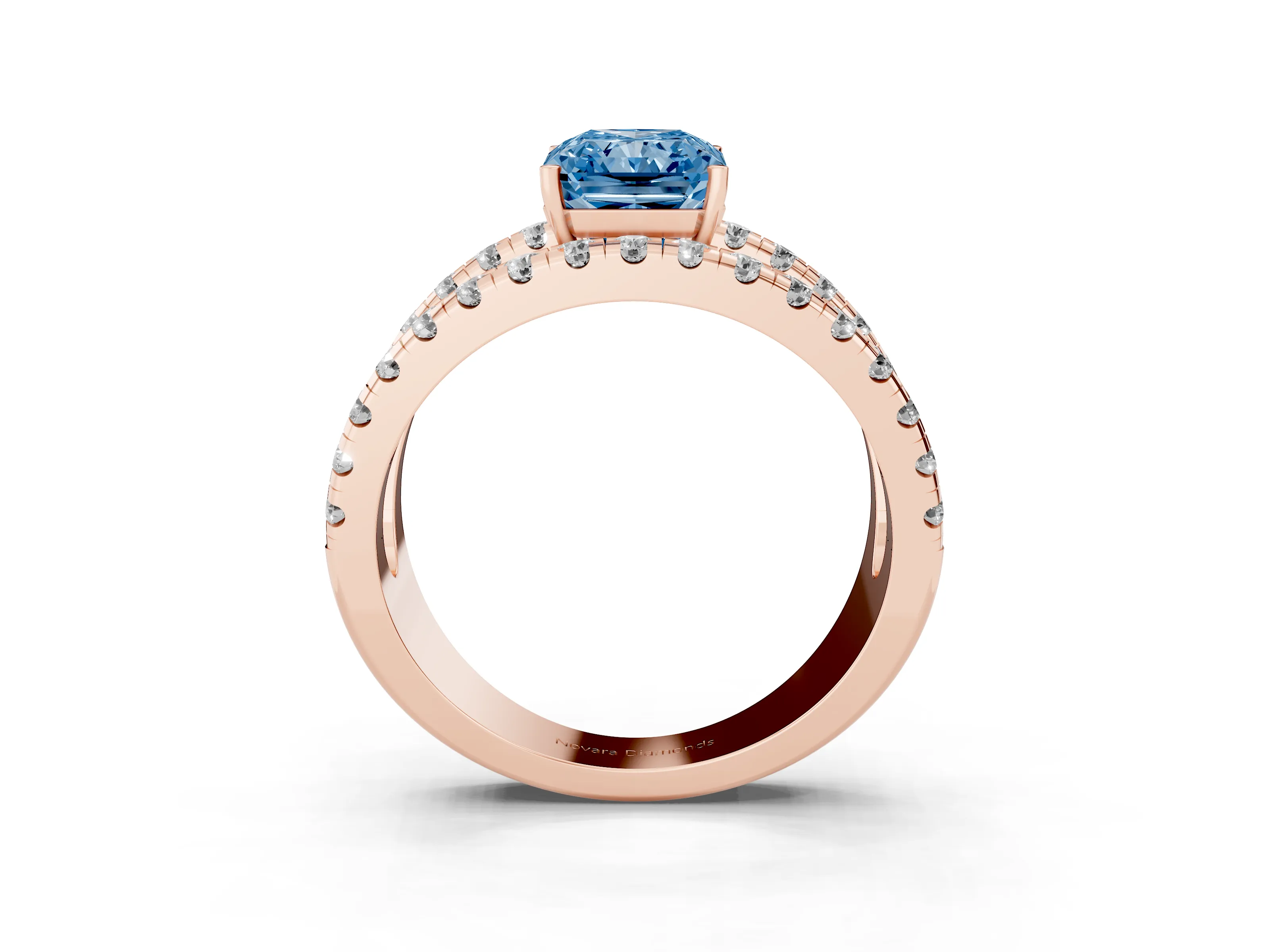 Fancy Blue Radiant Cut Diamond Split Shank Pavé Solitaire Ring Set in Rose gold with Open Shank Design