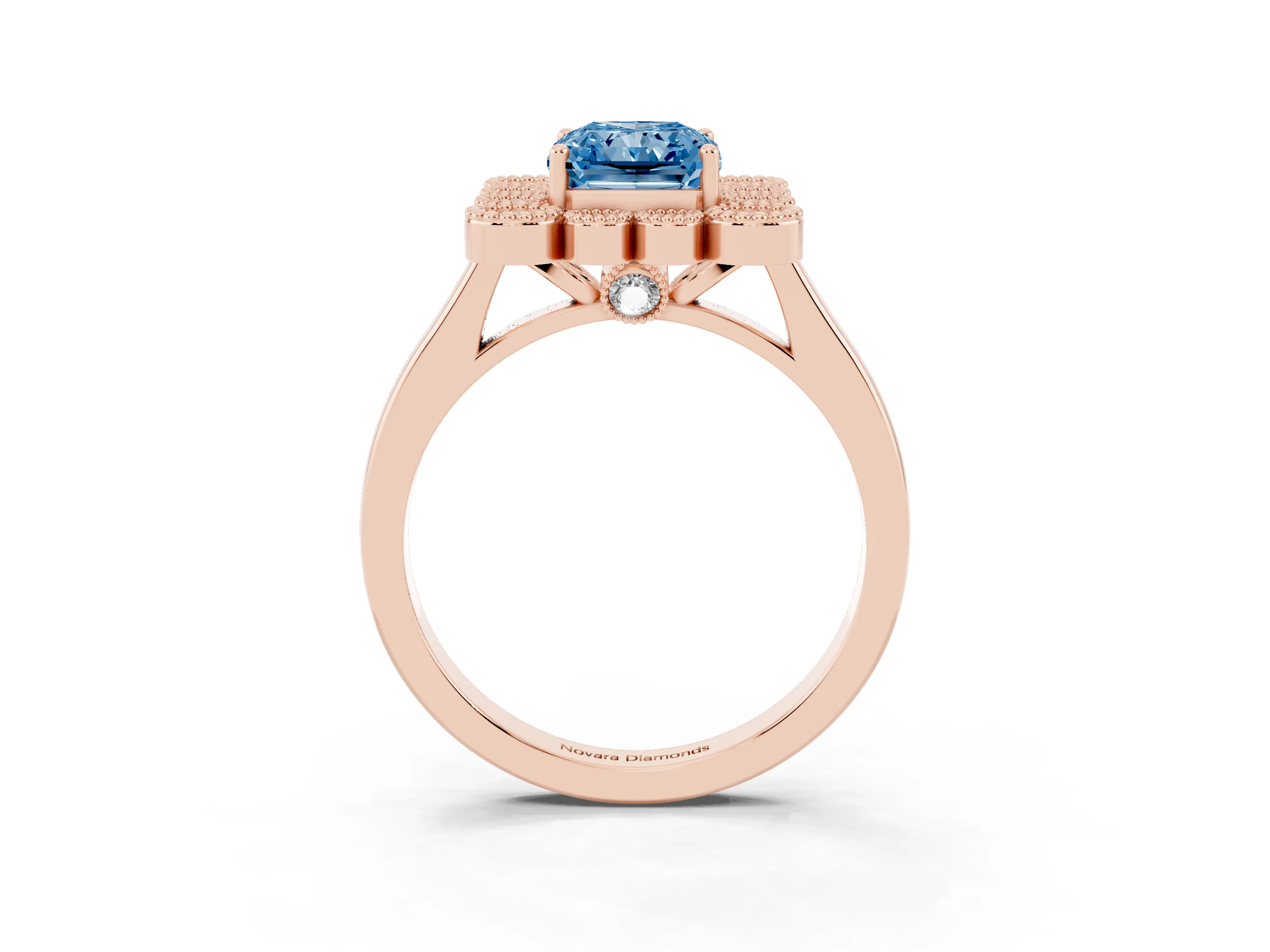 Fancy Blue Radiant Cut Diamond Cluster Halo Ring Set in Rose gold with Milgrain Bezel Accents and Plain Band