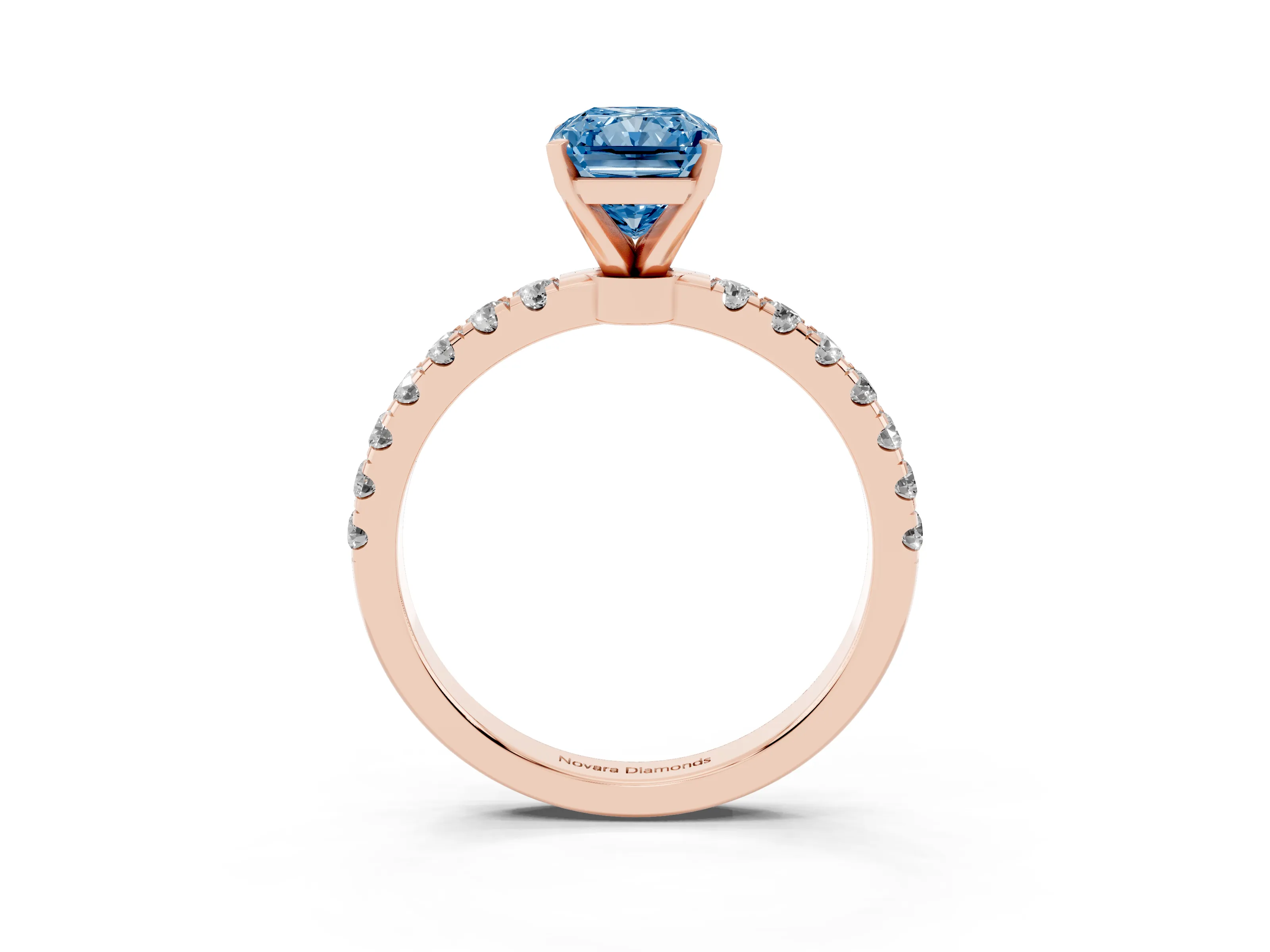 Fancy Blue Radiant Cut Diamond Solitaire Ring Set in Rose gold with Pavé Accents and Prong Setting