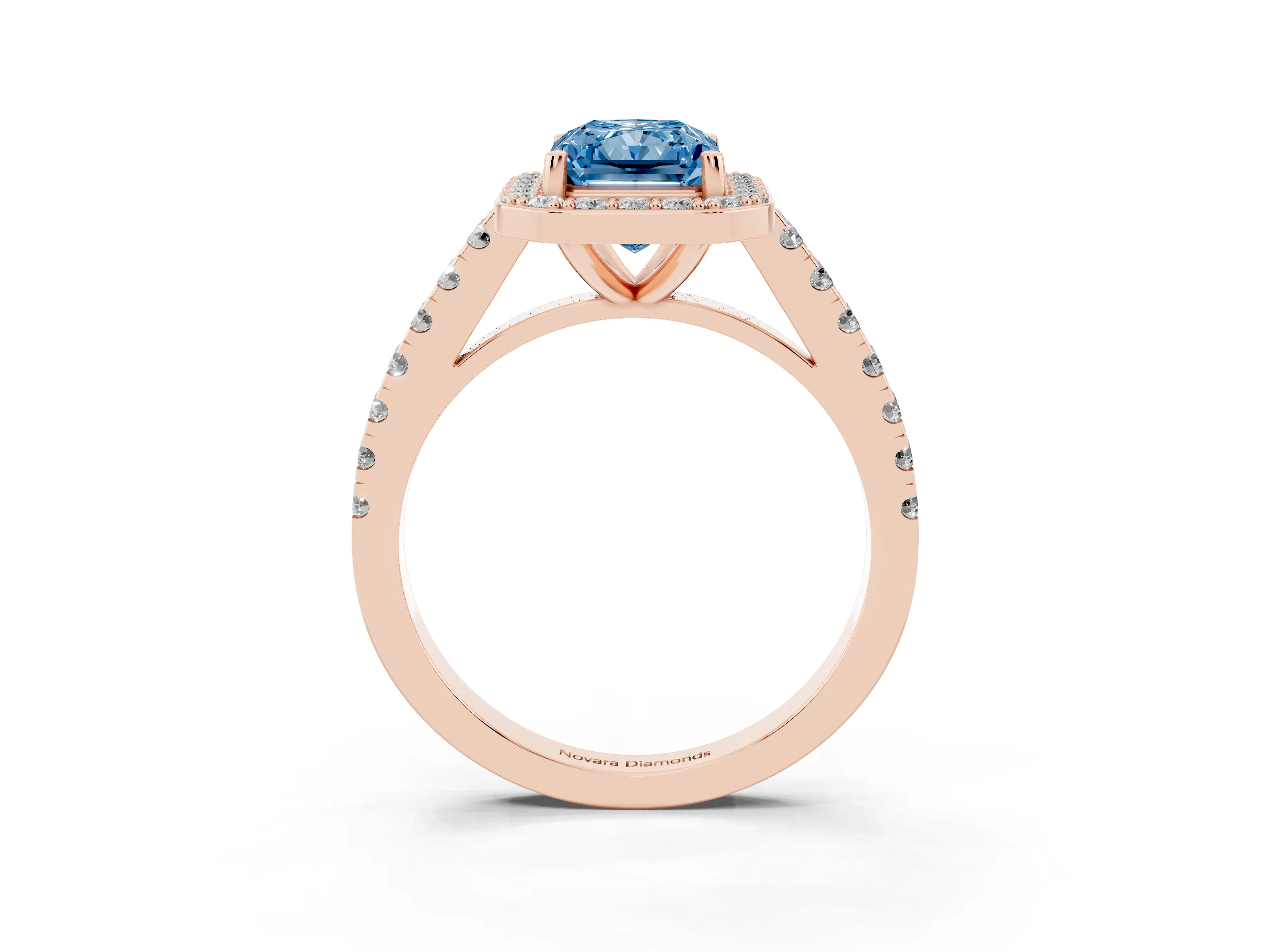 Fancy Blue Radiant Cut Diamond Halo Ring Set in Rose gold with Round Pavé Split Shank and Prong Setting