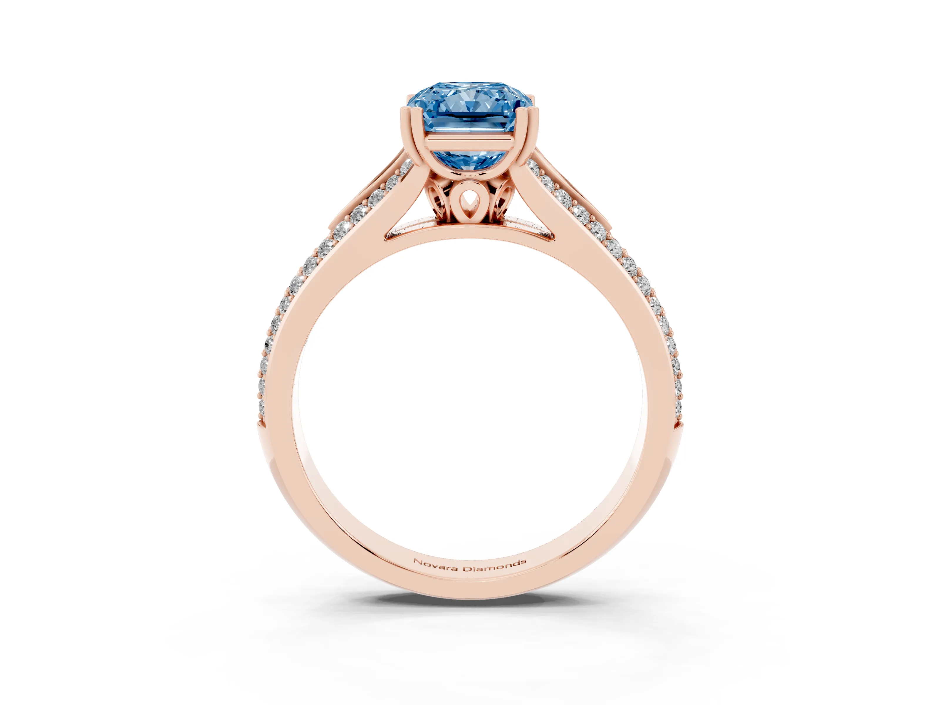 Fancy Blue Radiant Cut Diamond Split Shank Pavé Engagement Ring Set in Rose gold with Prong-Set Center Stone
