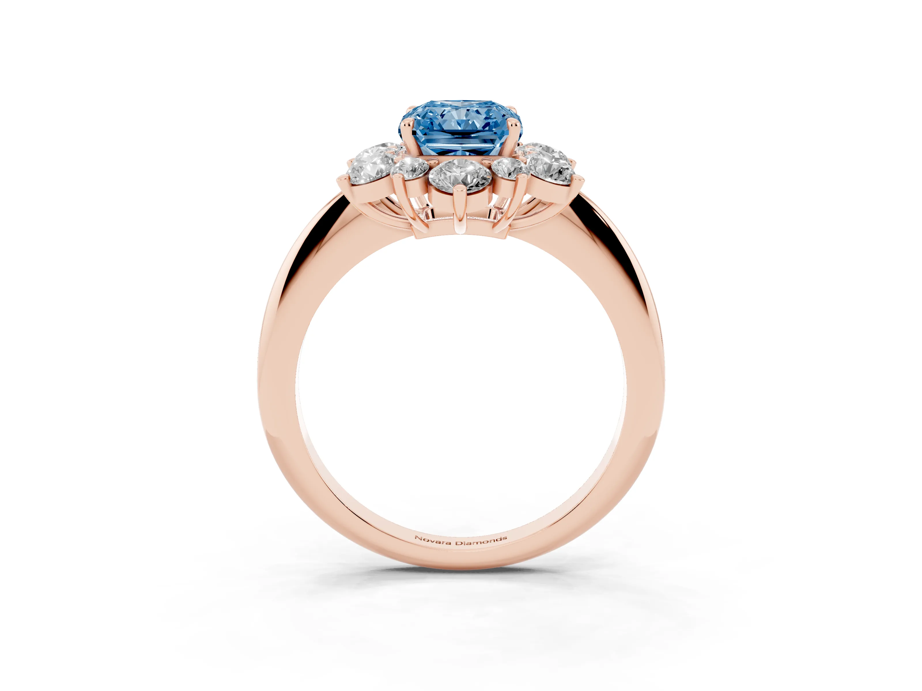 Fancy Blue Radiant Cut Diamond Cluster Halo Ring Set in Rose gold with Solitaire Band and Prong Setting