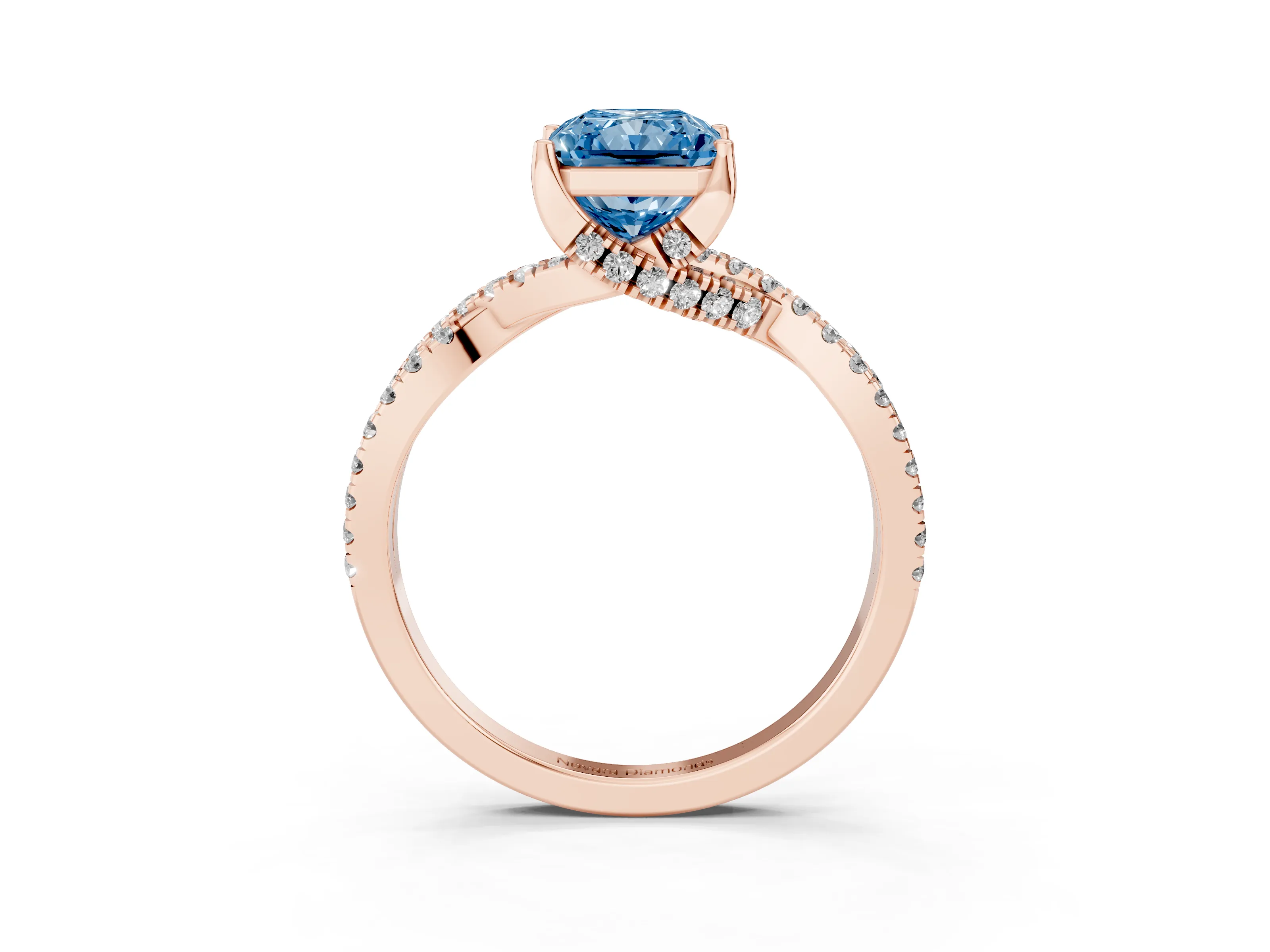 Fancy Blue Radiant Cut Diamond Twist Pavé Solitaire Engagement Ring Set in Rose gold with Prong Setting