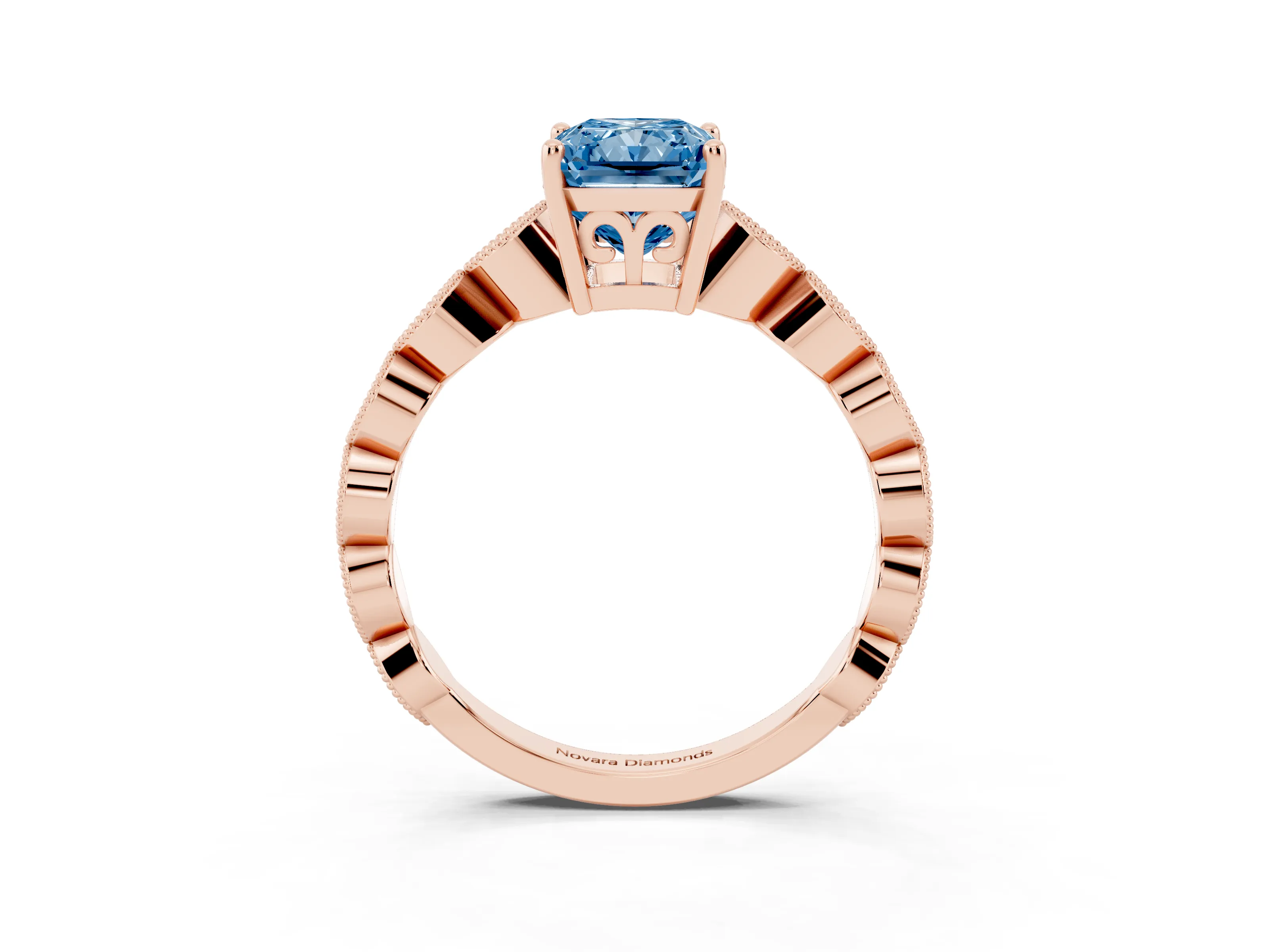 Fancy Blue Radiant Cut Diamond Solitaire Ring Set in Rose gold with Infinity Twist Pavé Band