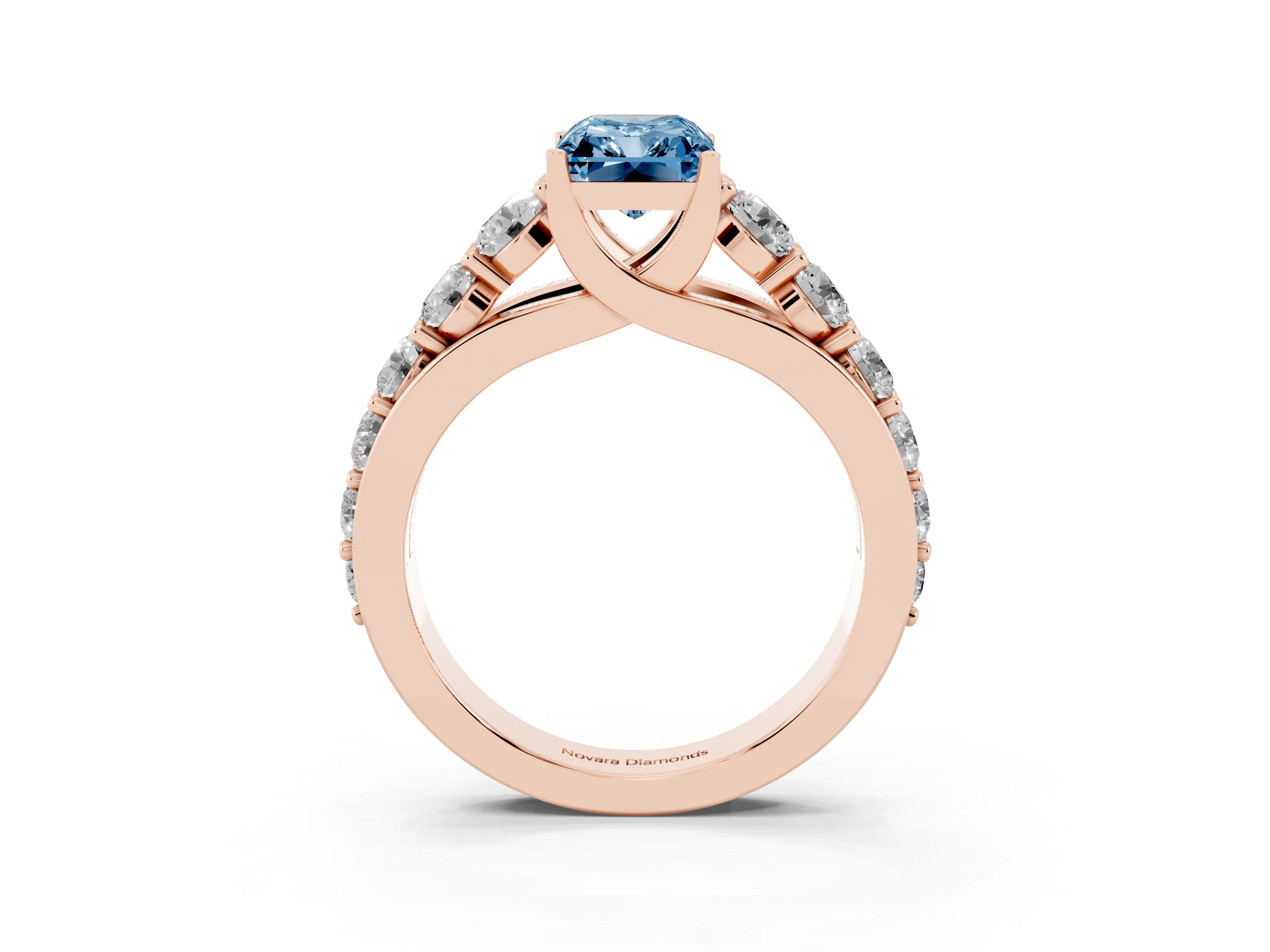 Fancy Blue Radiant Cut Diamond Pavé Engagement Ring Set in Rose gold with Prong Setting