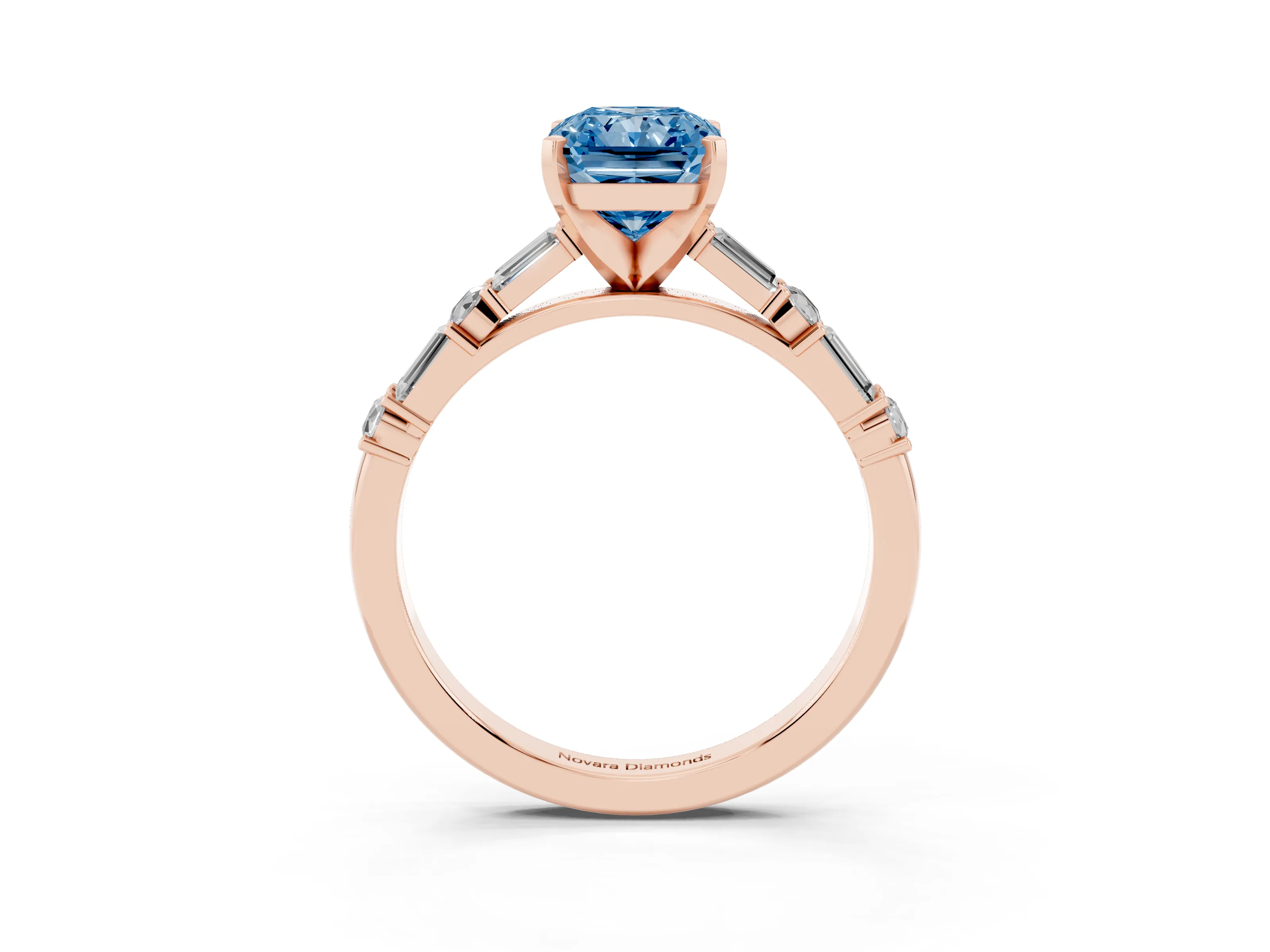 Fancy Blue Radiant Cut Diamond Solitaire Set in Rose gold with Side Baguettes and Channel Set Band