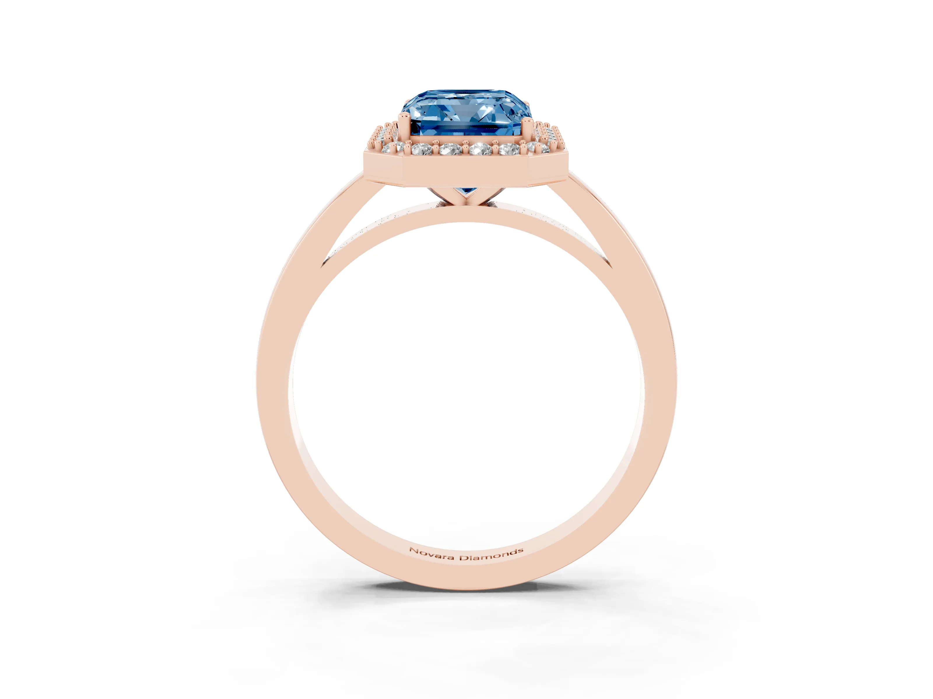 Fancy Blue Radiant Cut Diamond Halo Ring Set in Rose gold with Solitaire Band and Prong Setting