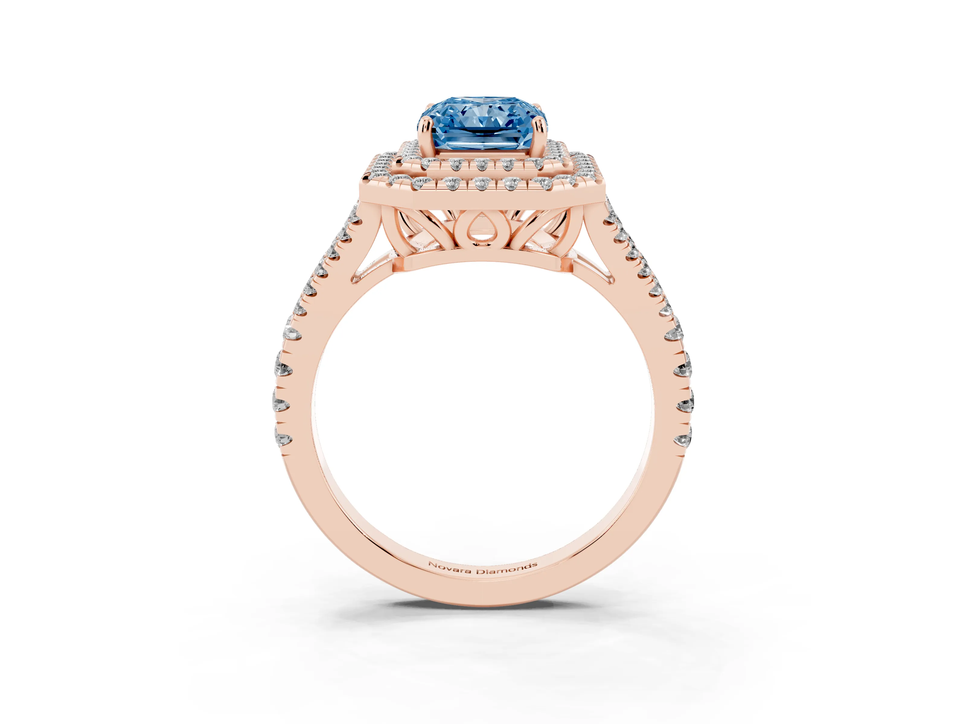 Fancy Blue Radiant Cut Diamond Double Halo Ring Set in Rose gold with Pavé Band
