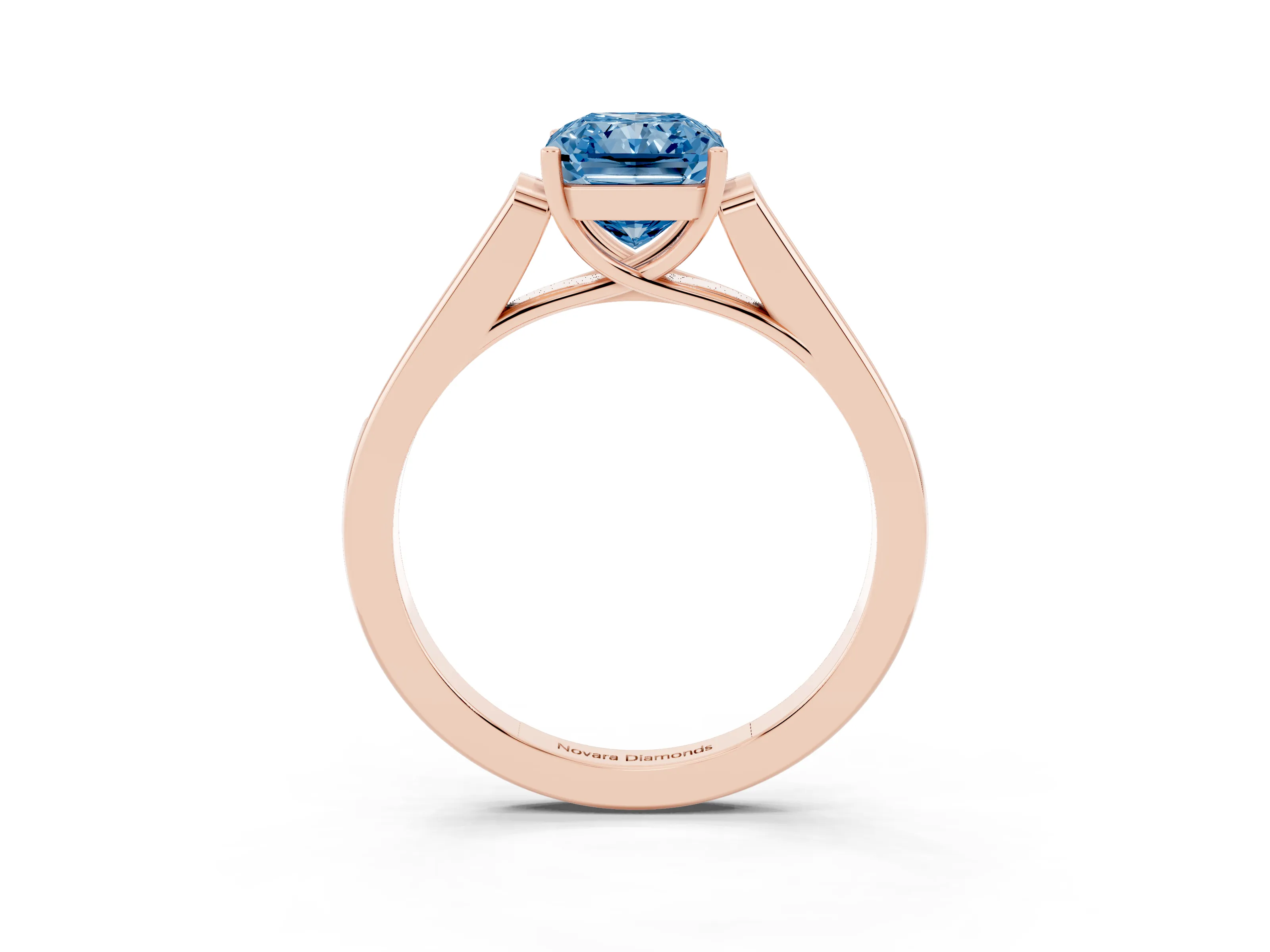 Fancy Blue Radiant Cut Diamond Solitaire Cathedral Engagement Ring Set in Rose gold with Channel-Set Band and Prong Setting