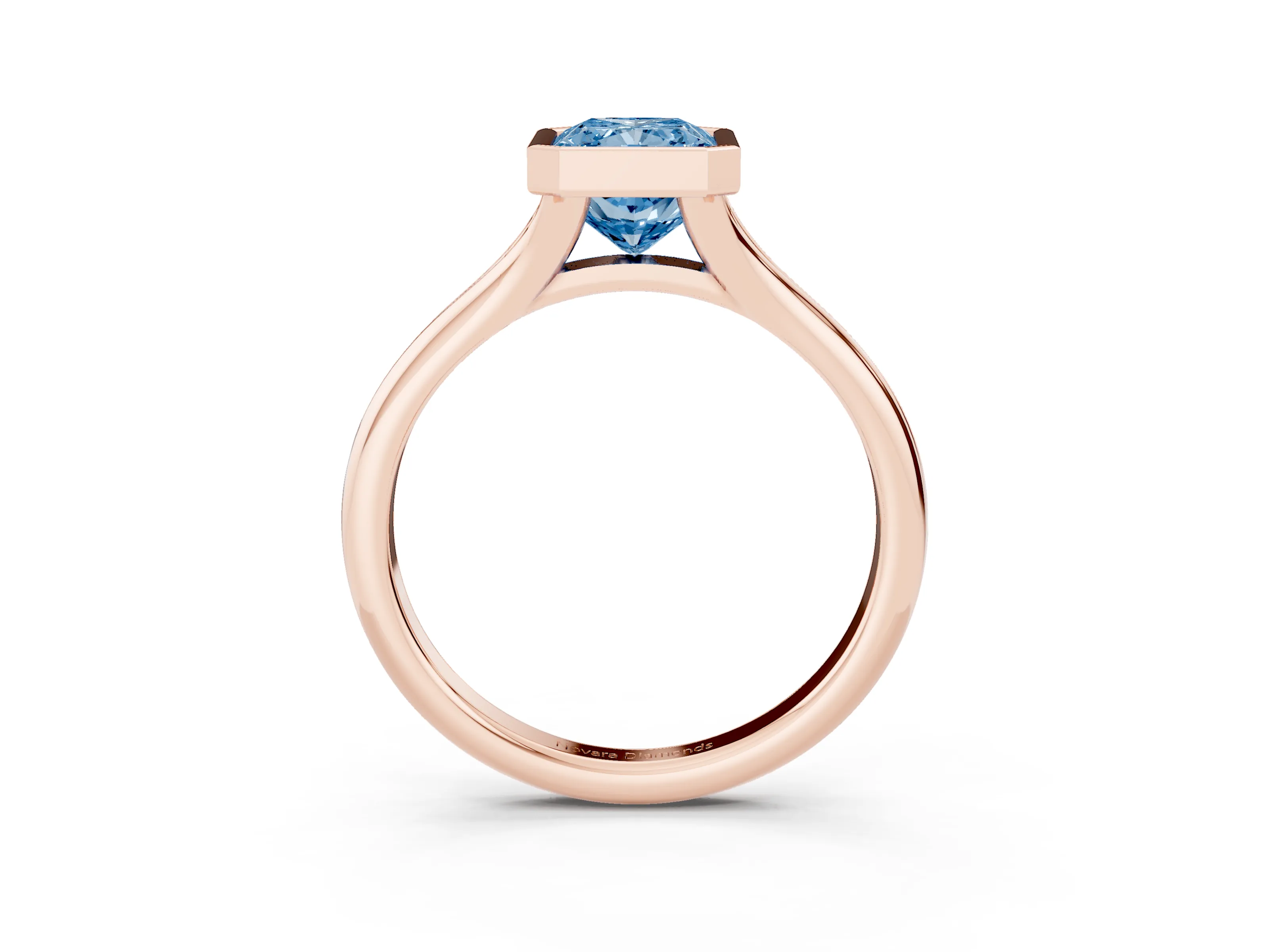 Fancy Blue Bezel Set Radiant Cut Diamond Solitaire Ring Set in Rose gold with Smooth Band