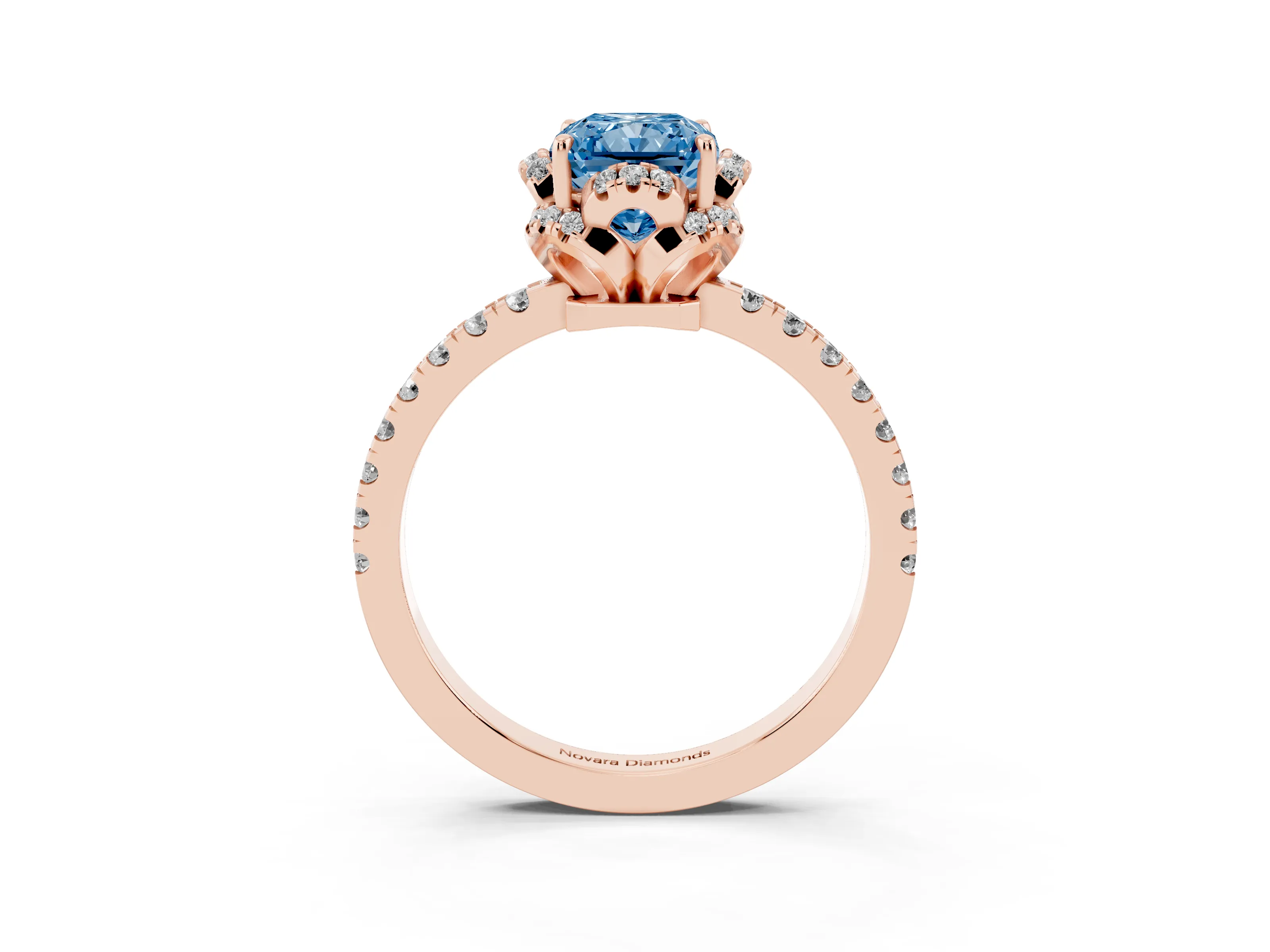 Fancy Blue Radiant Cut Diamond Halo Pavé Band Ring Set in Rose gold with Prong-Held Center