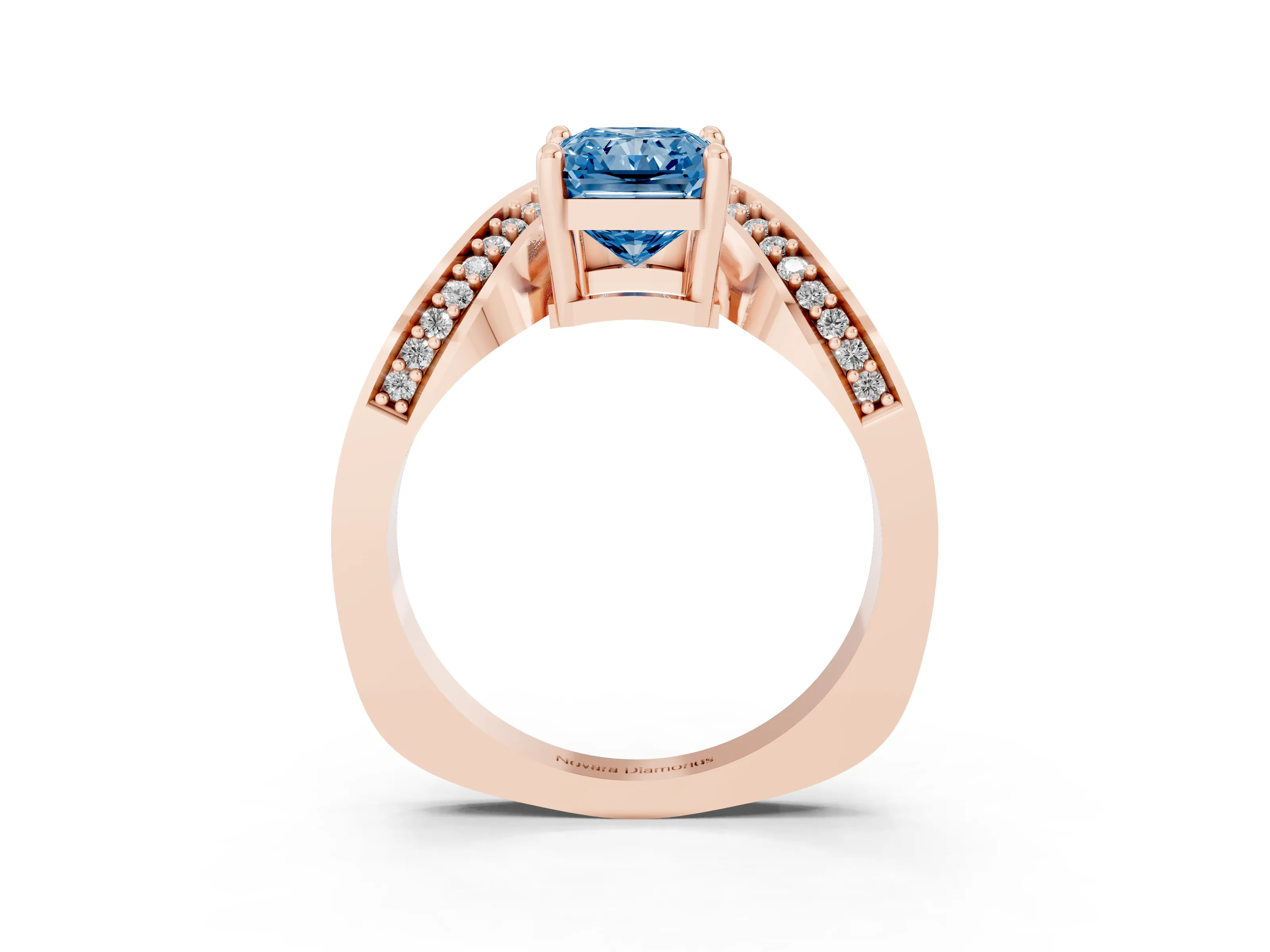Fancy Blue Radiant Cut Diamond Solitaire Engagement Ring Set in Rose gold with Pavé Shoulders