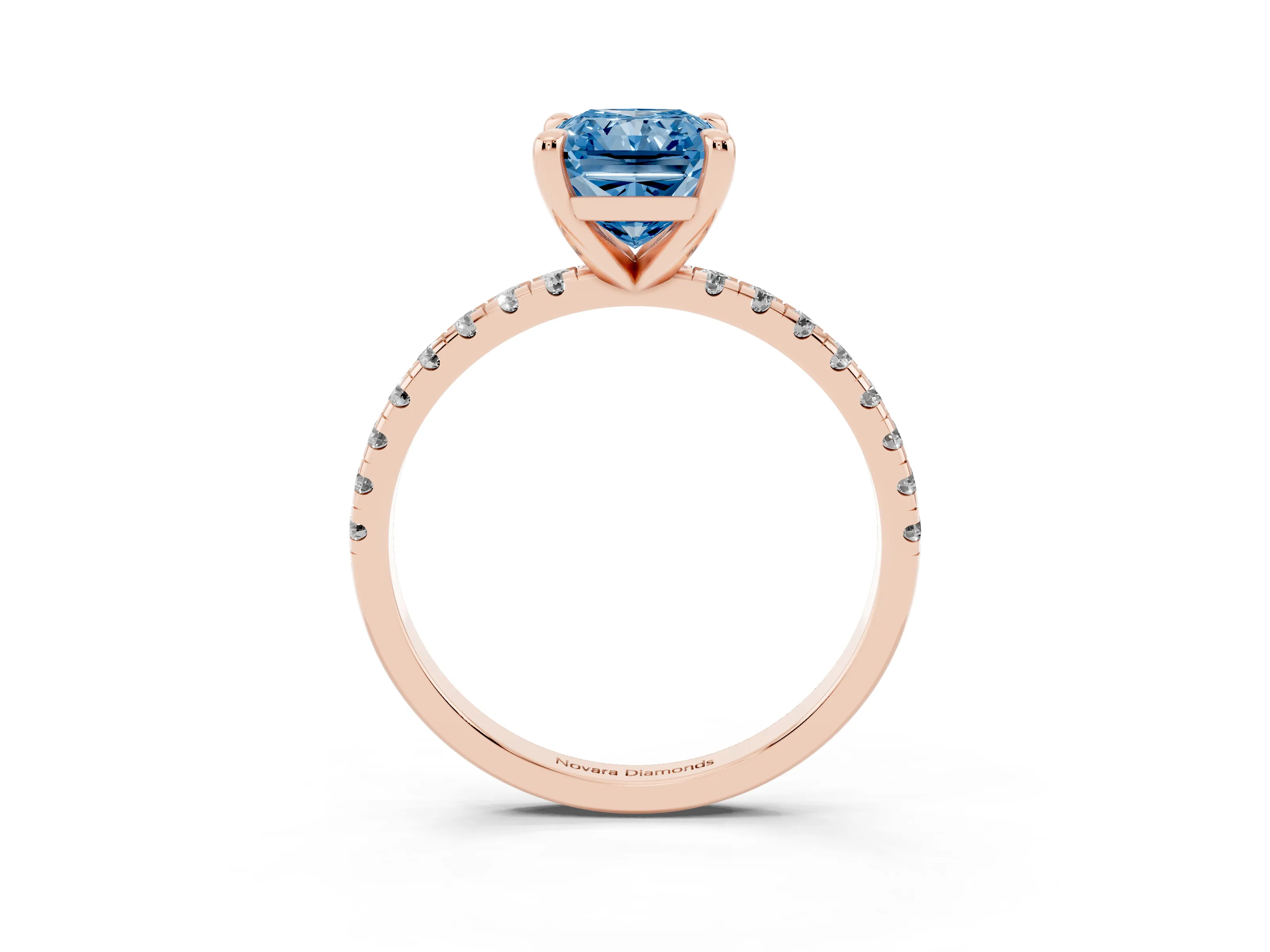 Fancy Blue Radiant Cut Diamond Brilliant Solitaire Ring Set in Rose gold with Pavé Band and Prong Setting