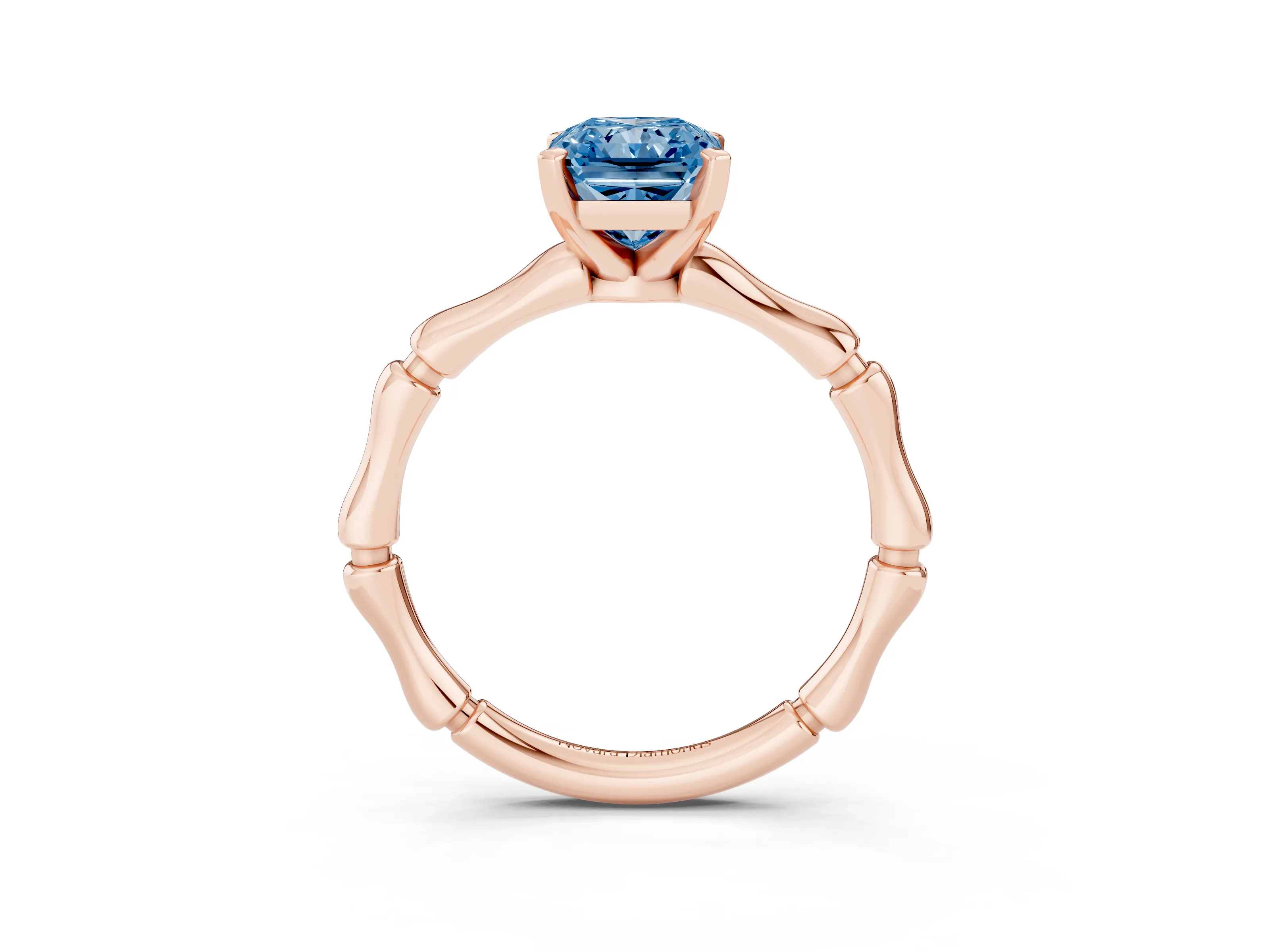 Fancy Blue Radiant Cut Diamond Solitaire Ring Set in Rose gold with Bamboo Band and Prong Setting
