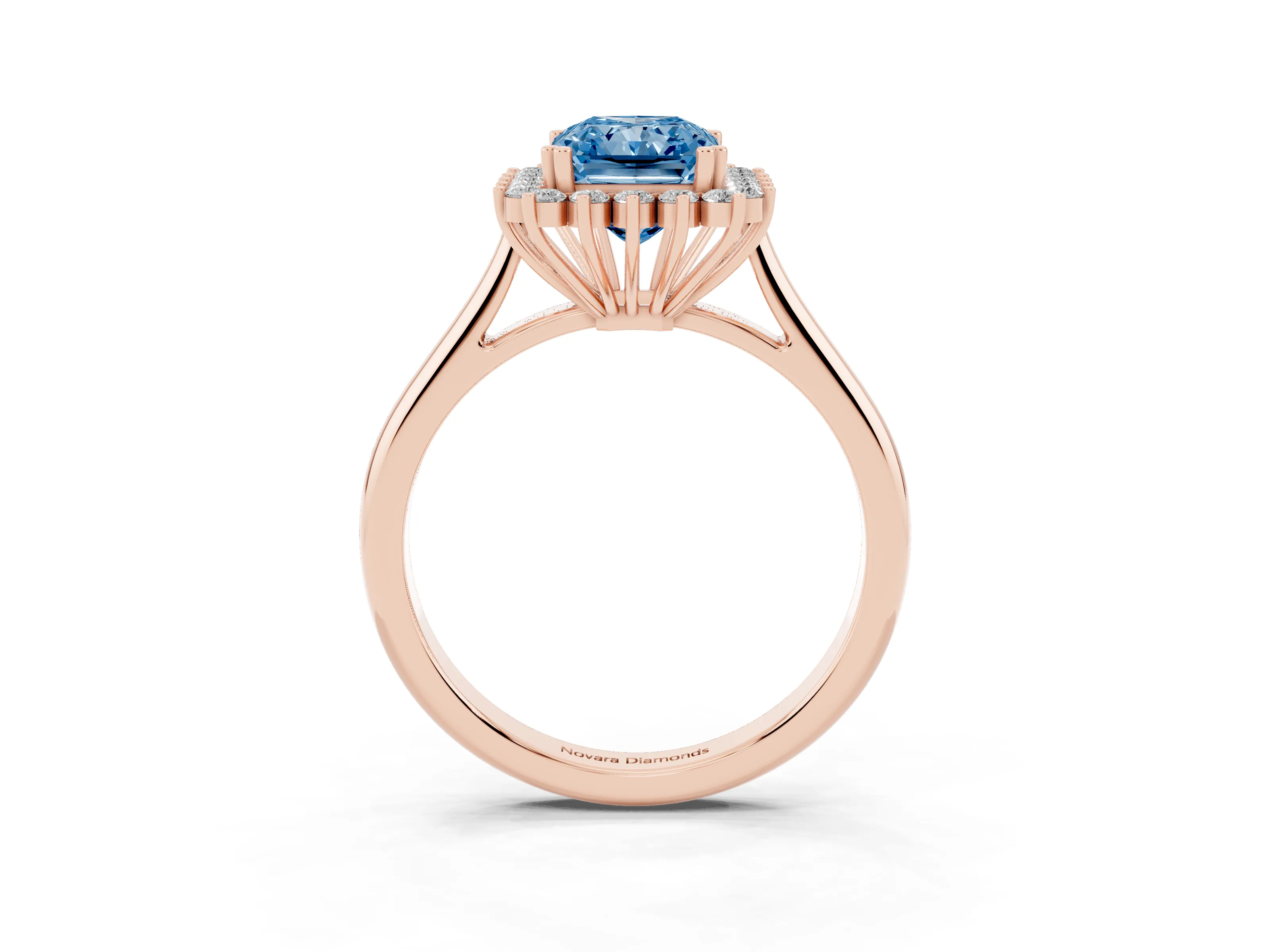 Fancy Blue Radiant Cut Diamond Halo Ring Set in Rose gold with Plain Solitaire Band and Prong Setting