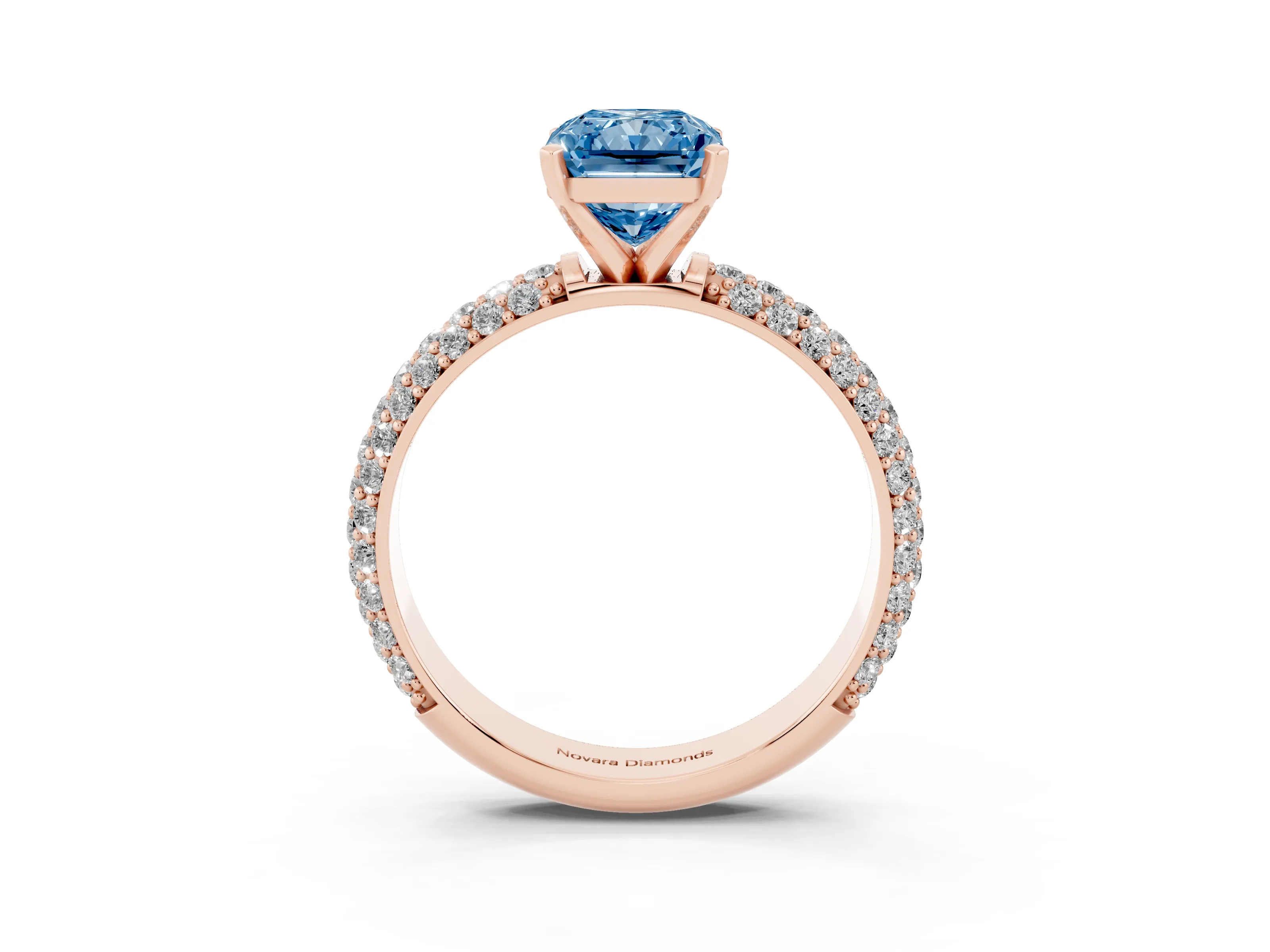 Fancy Blue Radiant Cut Diamond Solitaire Ring Set in Rose gold with Prong Setting and Pavé-Set Band
