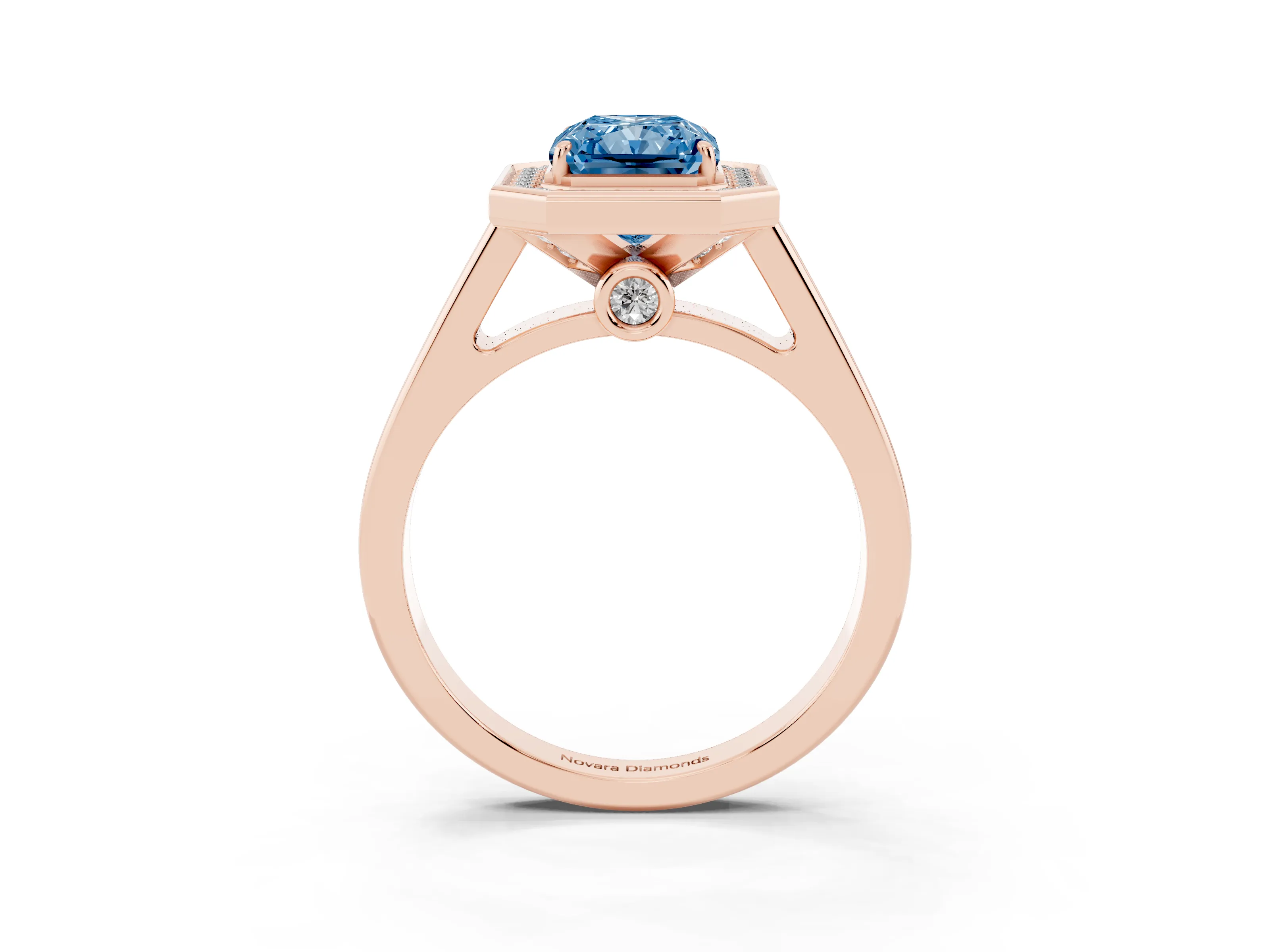 Fancy Blue Radiant Cut Diamond Halo Solitaire Ring Set in Rose gold with Pavé Band and Bezel Setting