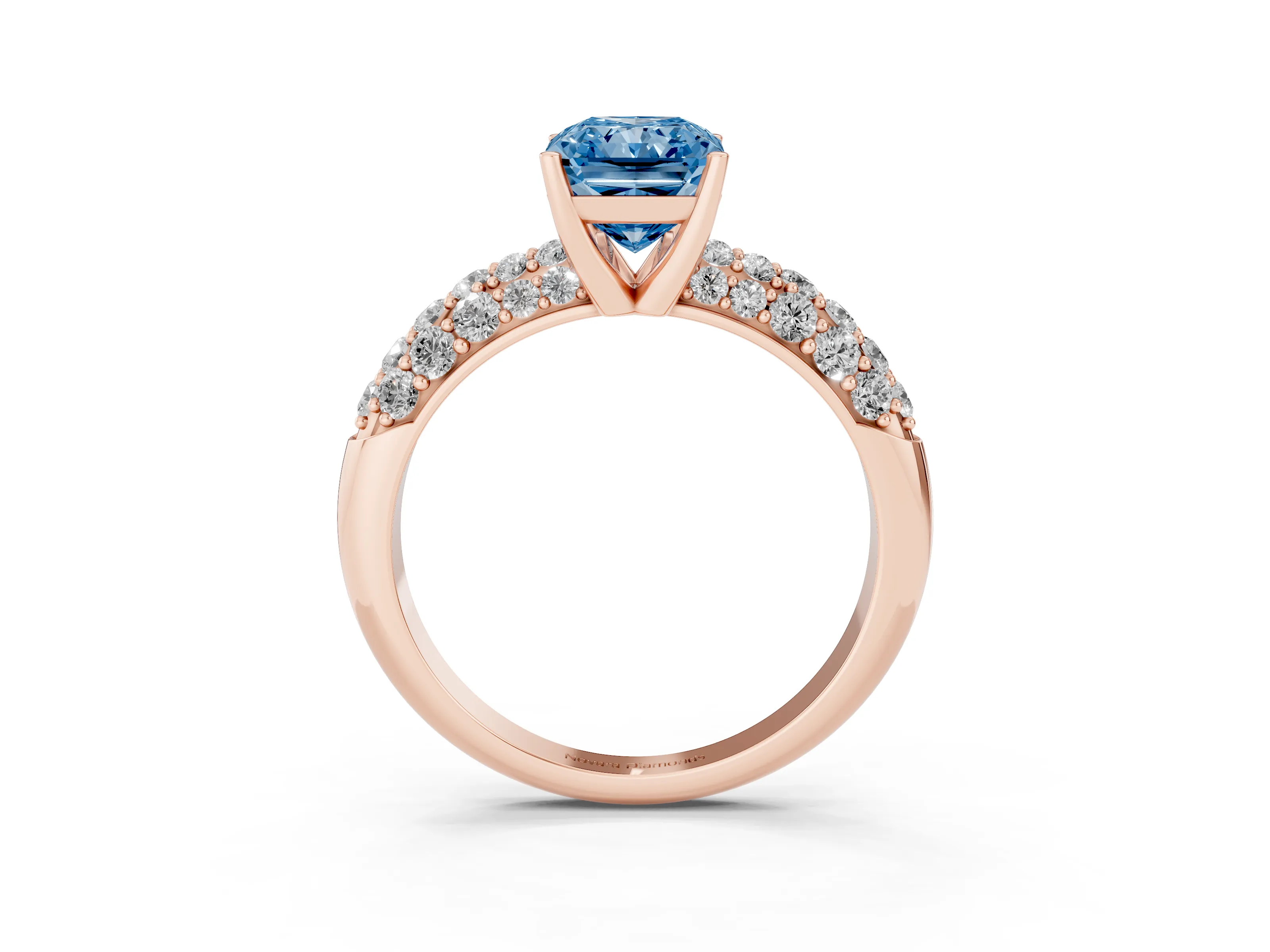 Fancy Blue Radiant Cut Diamond Pavé Band Solitaire Ring Set in Rose gold with Close-Set Accent Stones and Prong Setting