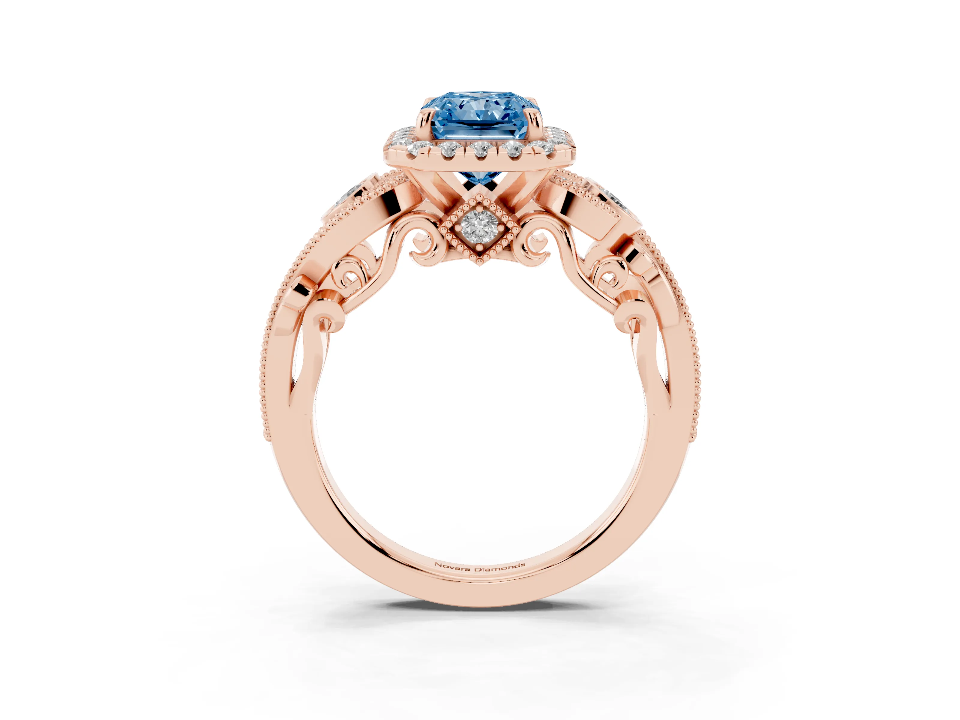 Fancy Blue Radiant Cut Diamond Halo Ring Set in Rose gold with Milgrain Pavé Band and Prong Setting