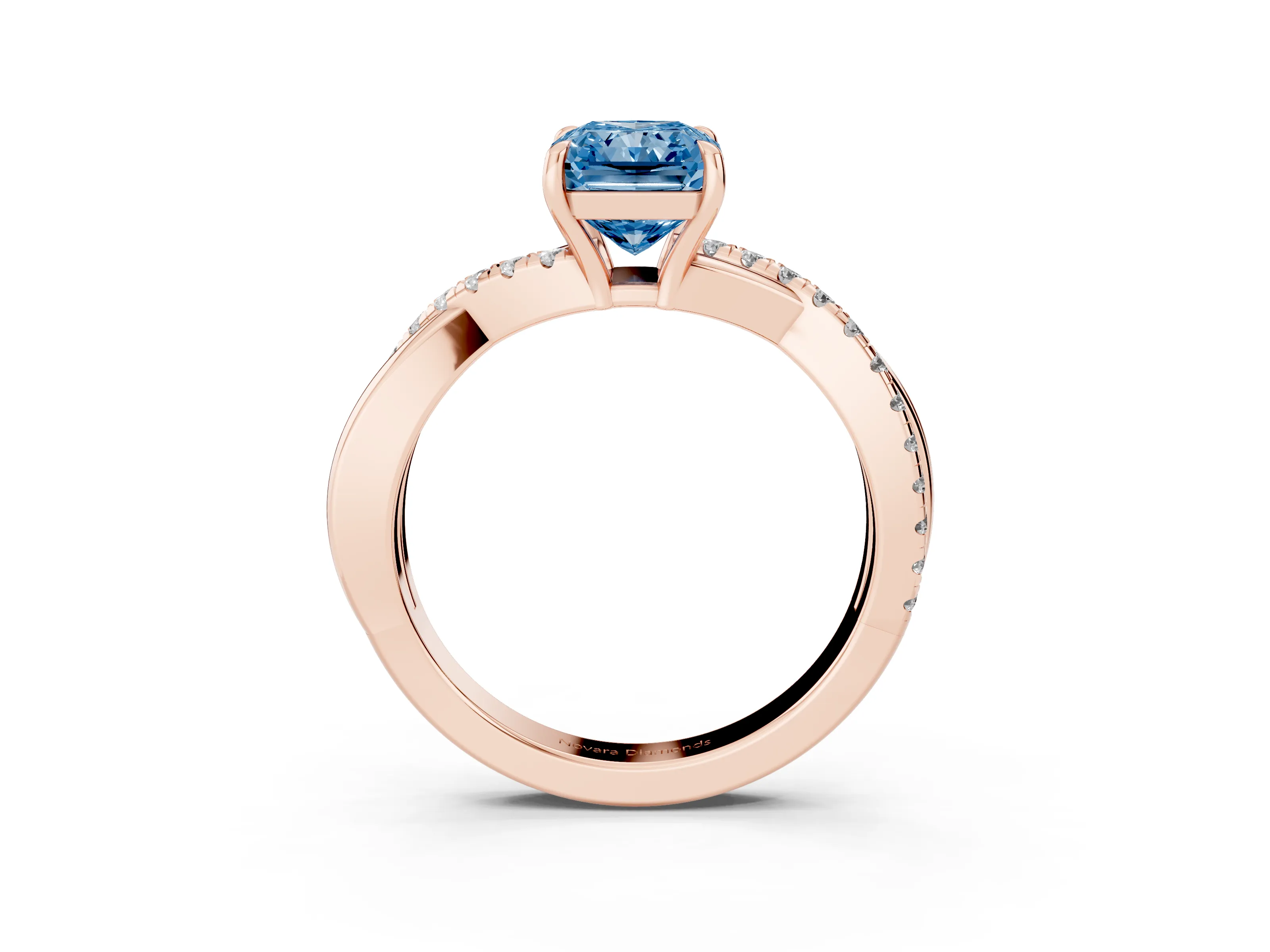 Fancy Blue Radiant Cut Diamond Twisted Pavé Band Ring Set in Rose gold with Prong Setting