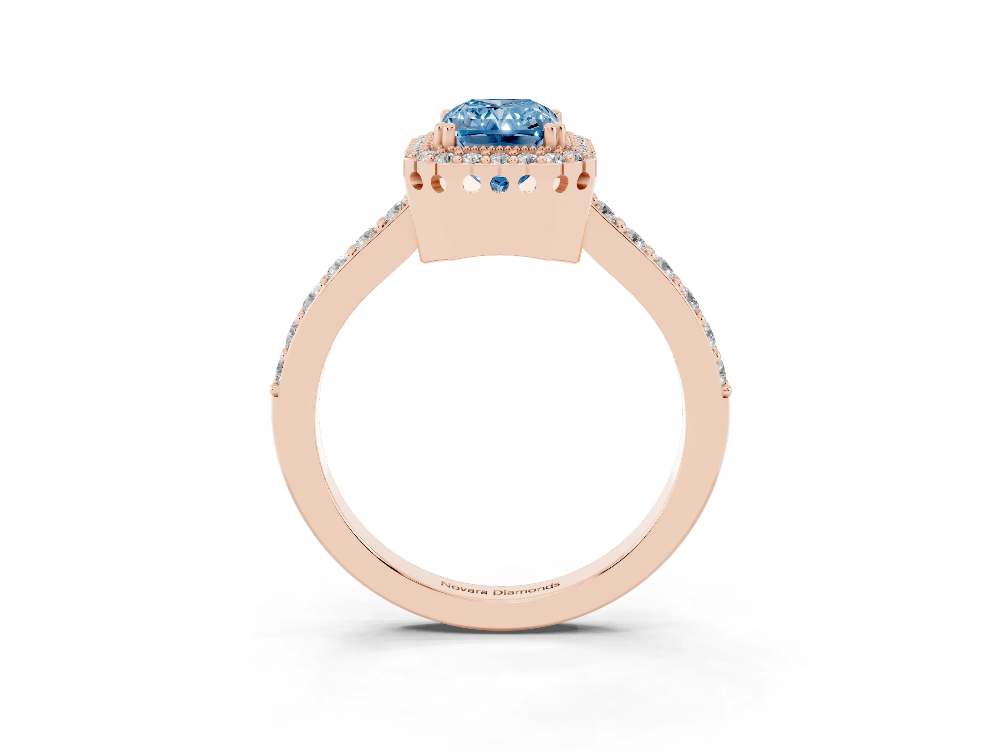 Fancy Blue Radiant Cut Diamond Halo Engagement Ring Set in Rose gold with Milgrain Detail and Pavé Band
