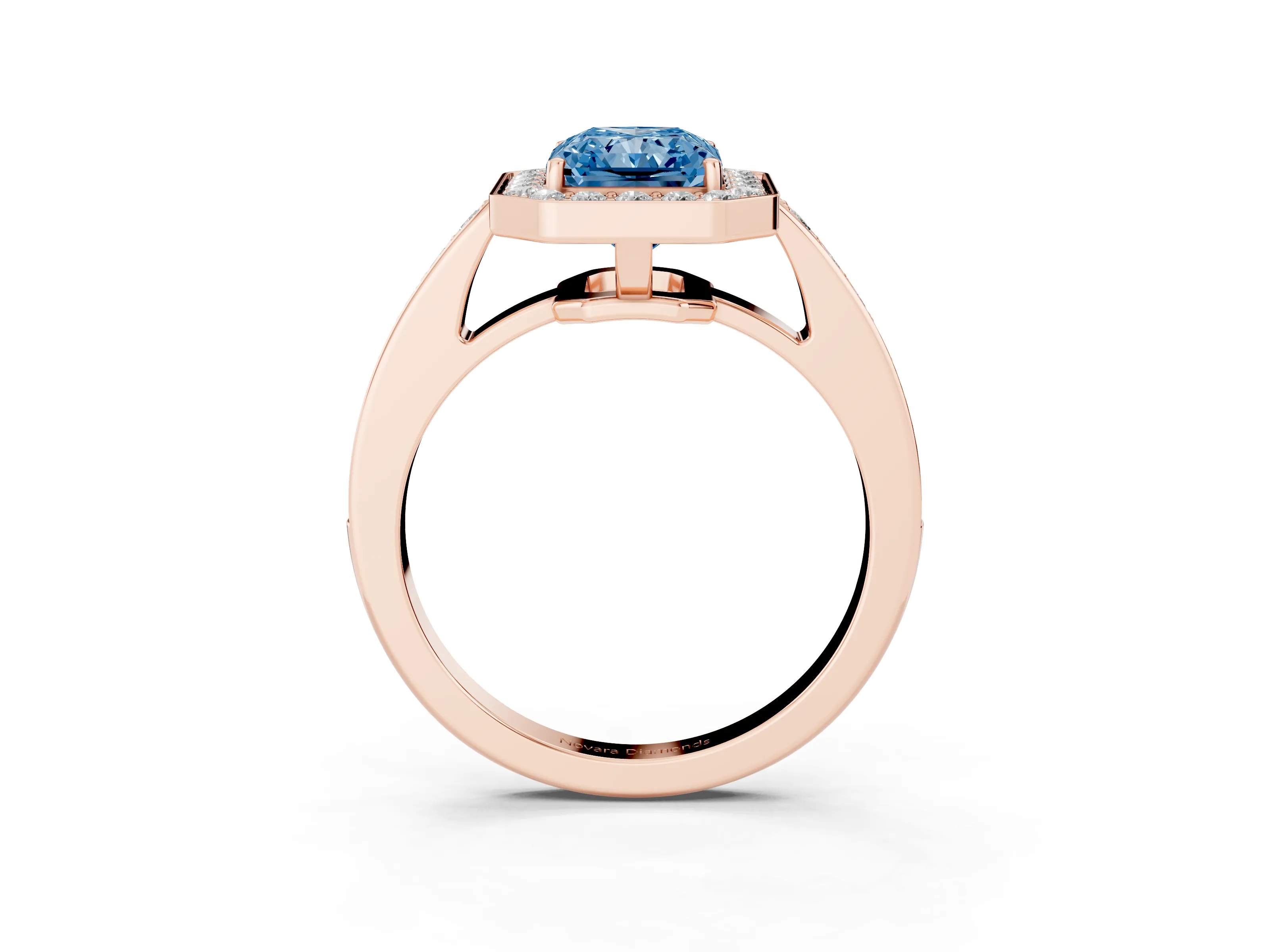 Fancy Blue Radiant Cut Diamond Halo Pavé Engagement Ring Set in Rose gold with Bezel Setting