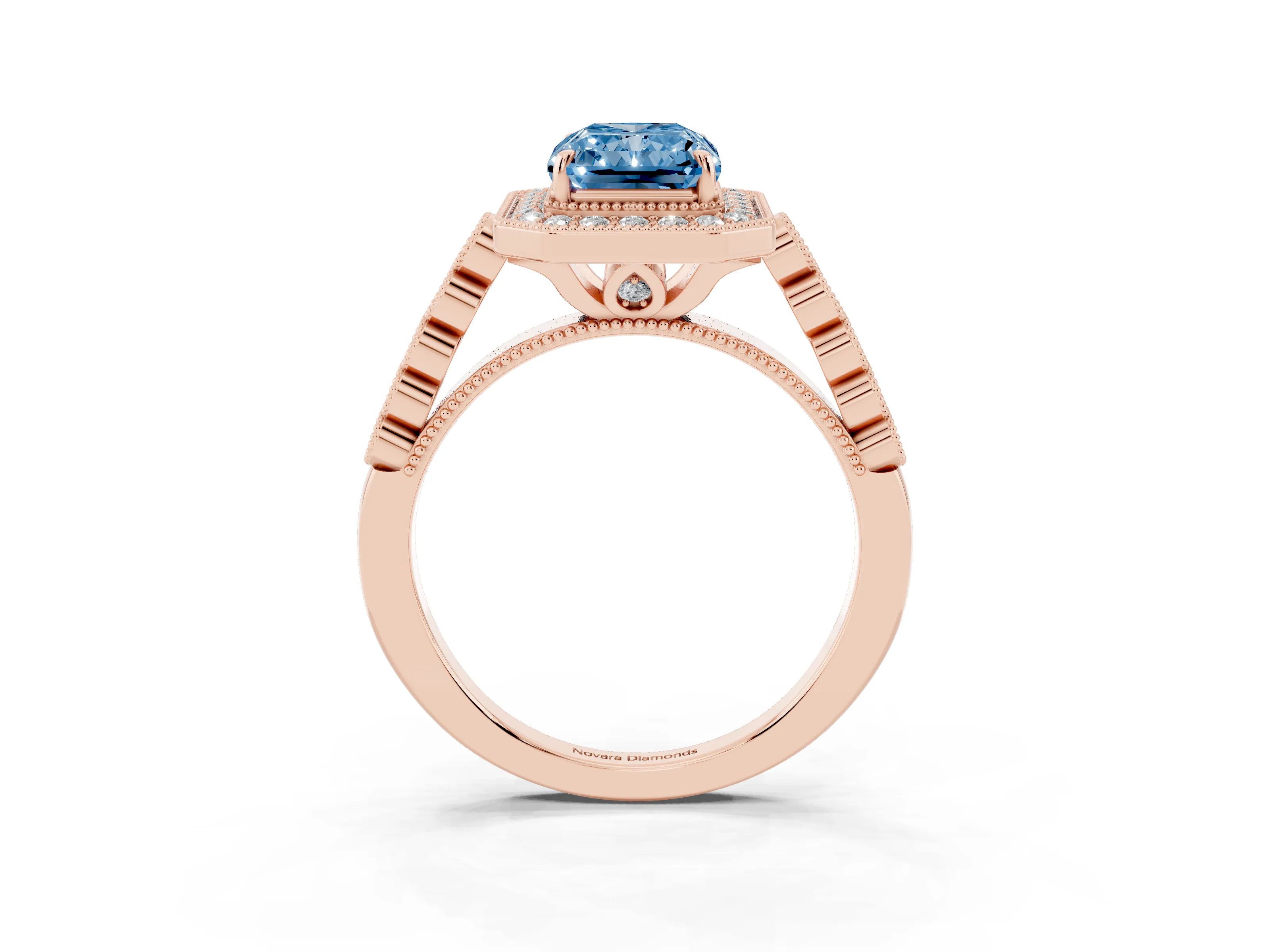 Fancy Blue Radiant Cut Diamond Milgrain Halo Solitaire Ring Set in Rose gold with Bezel Set Side Stones and Pavé Band