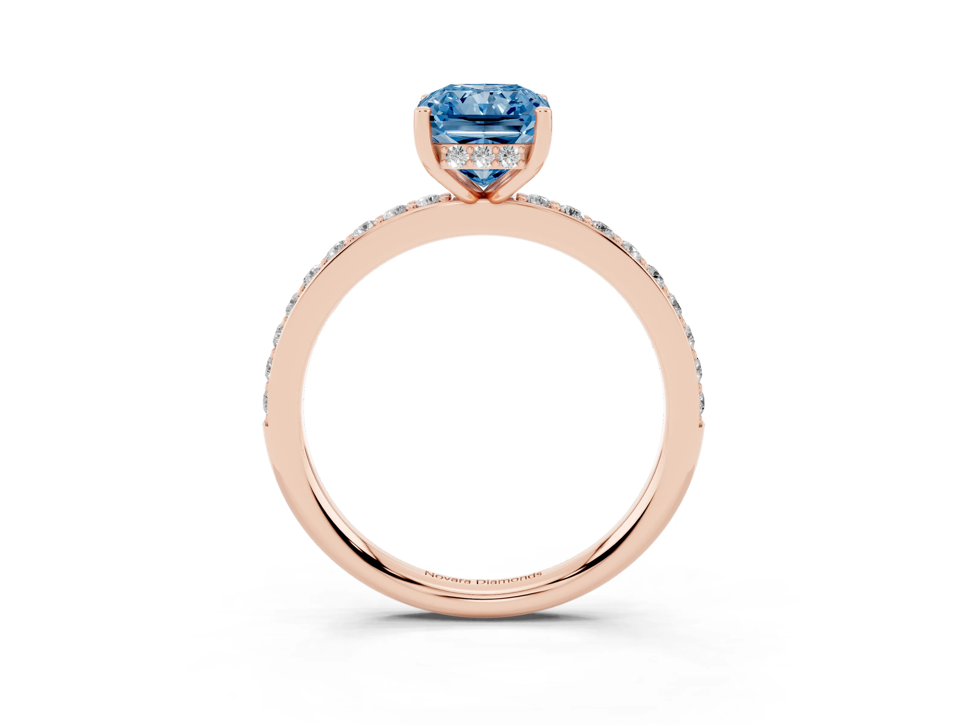 Fancy Blue Radiant Cut Diamond Pavé Band Ring Set in Rose gold with Prong-Set Center Stone