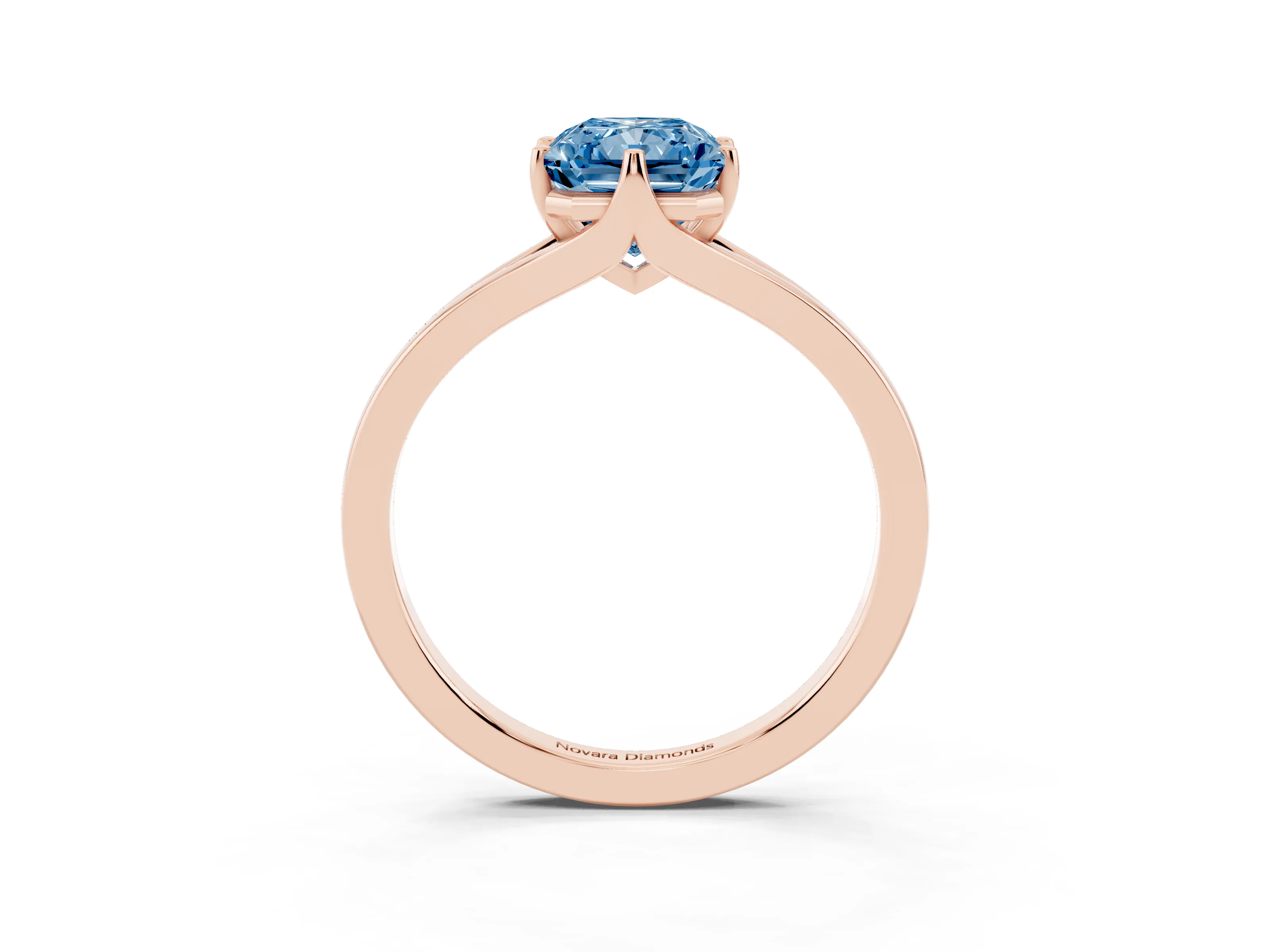 Fancy Blue Radiant Cut Diamond Solitaire Ring Set in Rose gold with Polished Tapered Band and Prong Setting