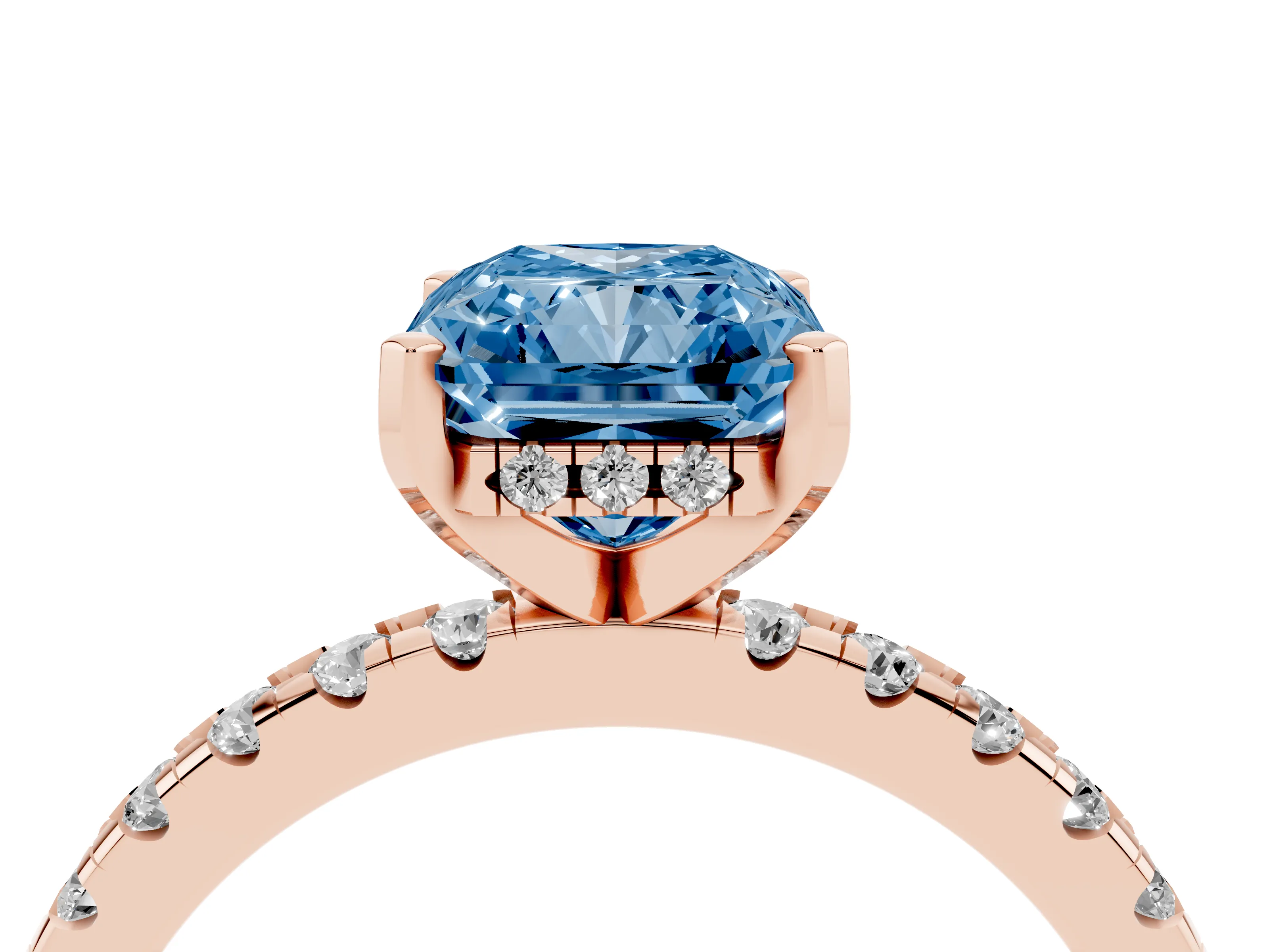 Fancy Blue Radiant Cut Diamond Pavé Solitaire Ring Set in Rose gold with Round Band Accents and Prong Setting