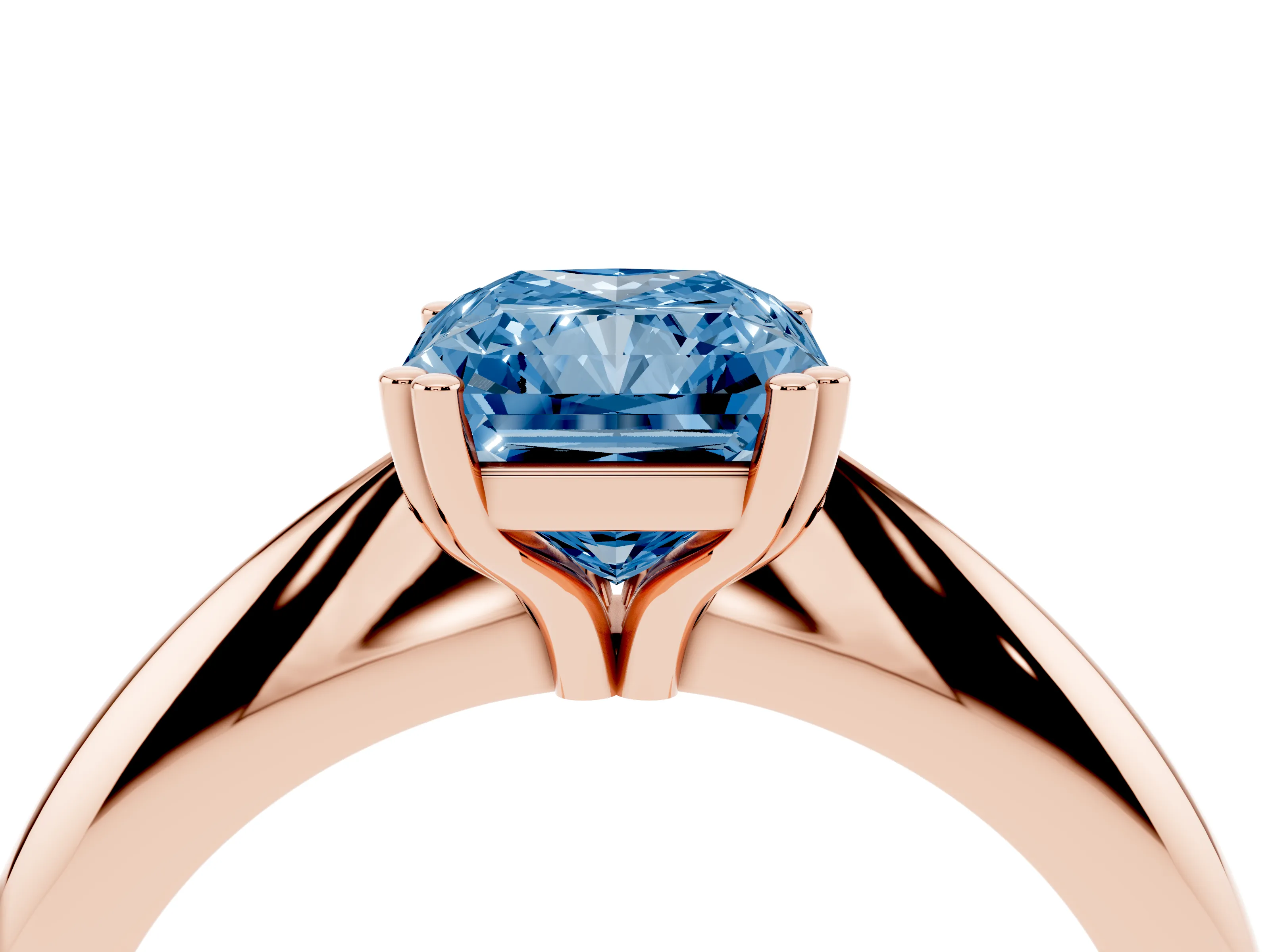 Fancy Blue Radiant Cut Diamond Solitaire Engagement Ring Set in Rose gold with Tapered Band and Prong Setting