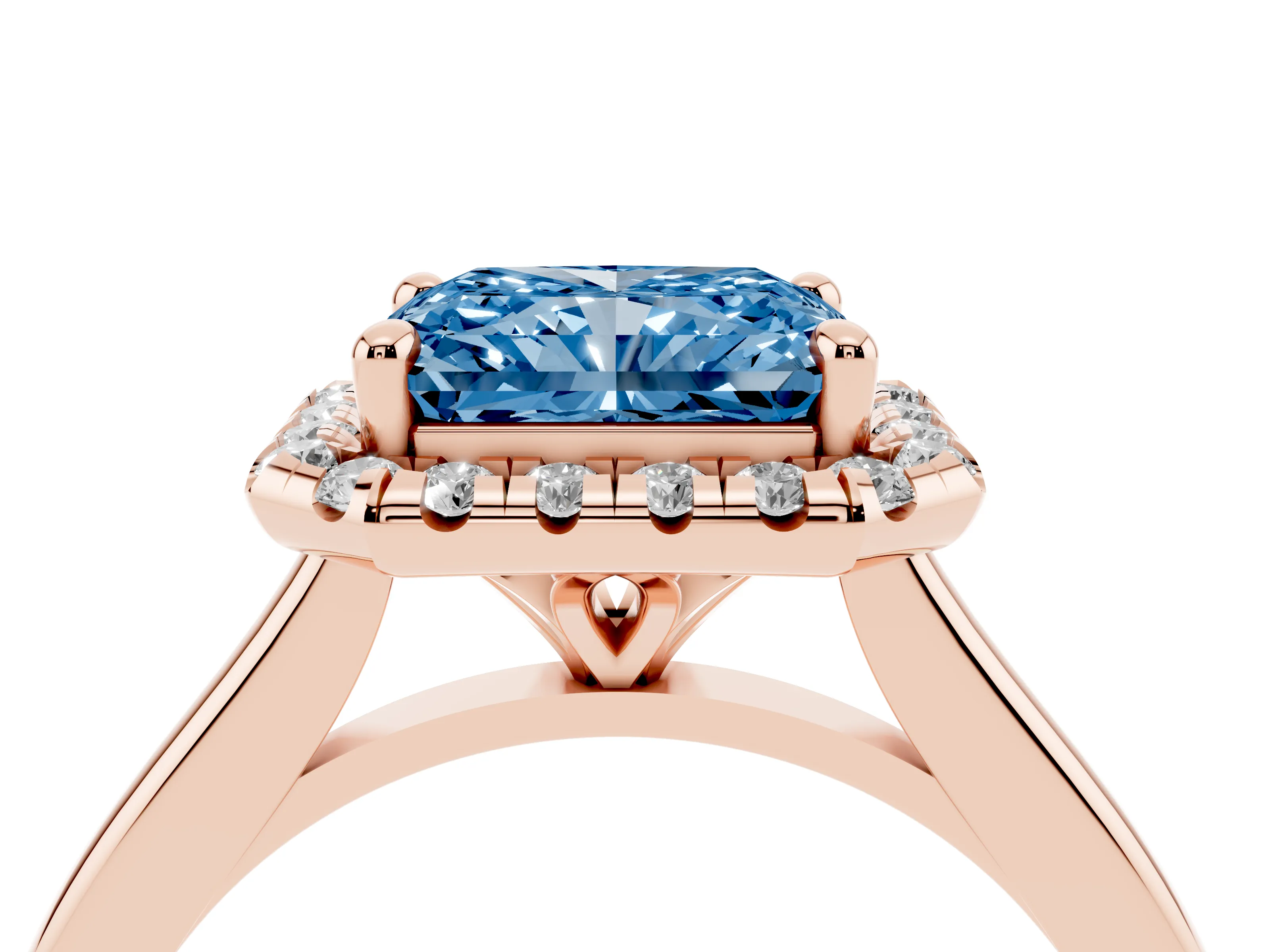 Fancy Blue Radiant Cut Diamond Halo Engagement Ring Set in Rose gold with Pavé Band and Rising Shoulders