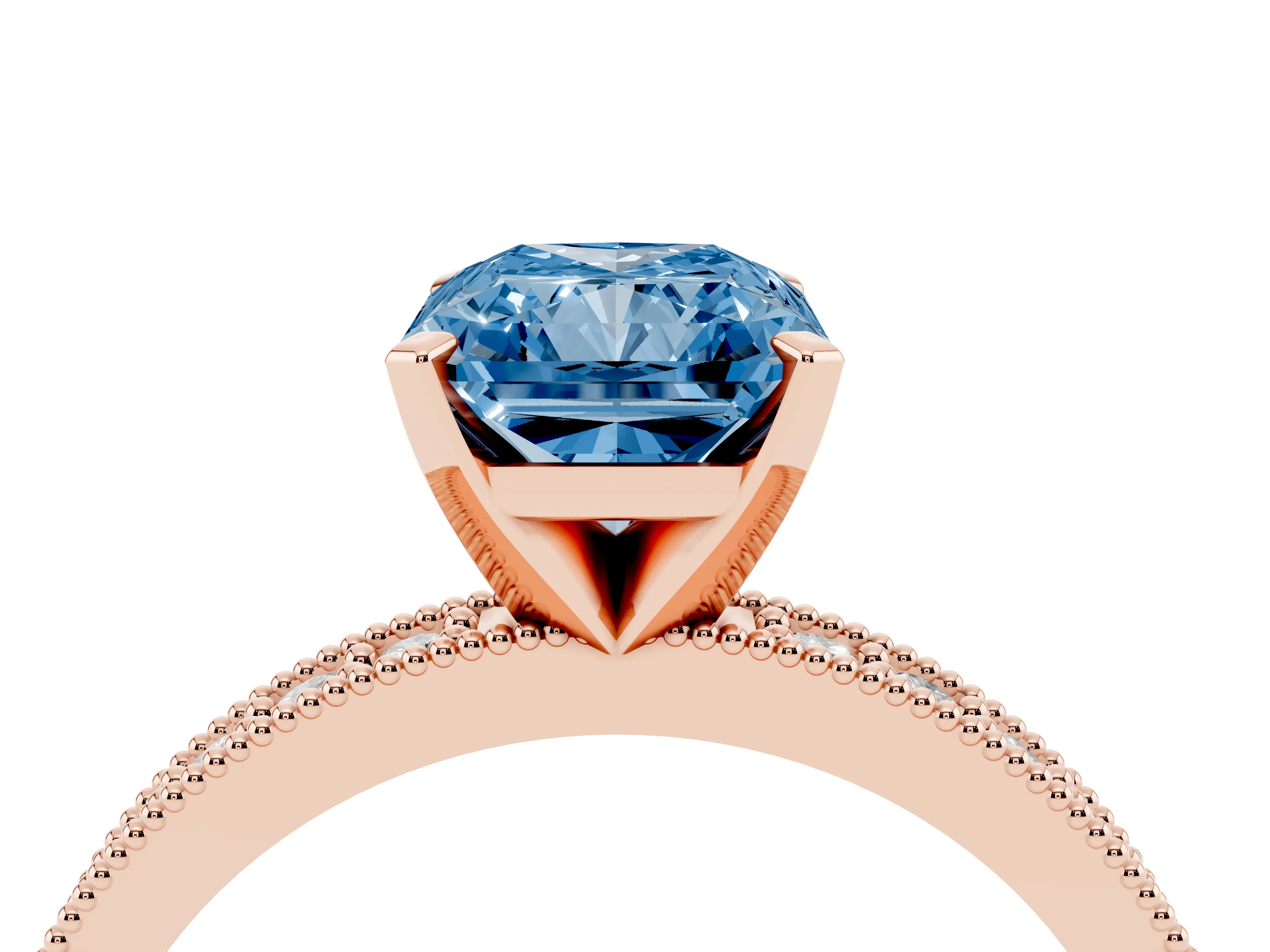 Fancy Blue Radiant Cut Diamond Milgrain Pavé Engagement Ring Set in Rose gold with Prong Setting