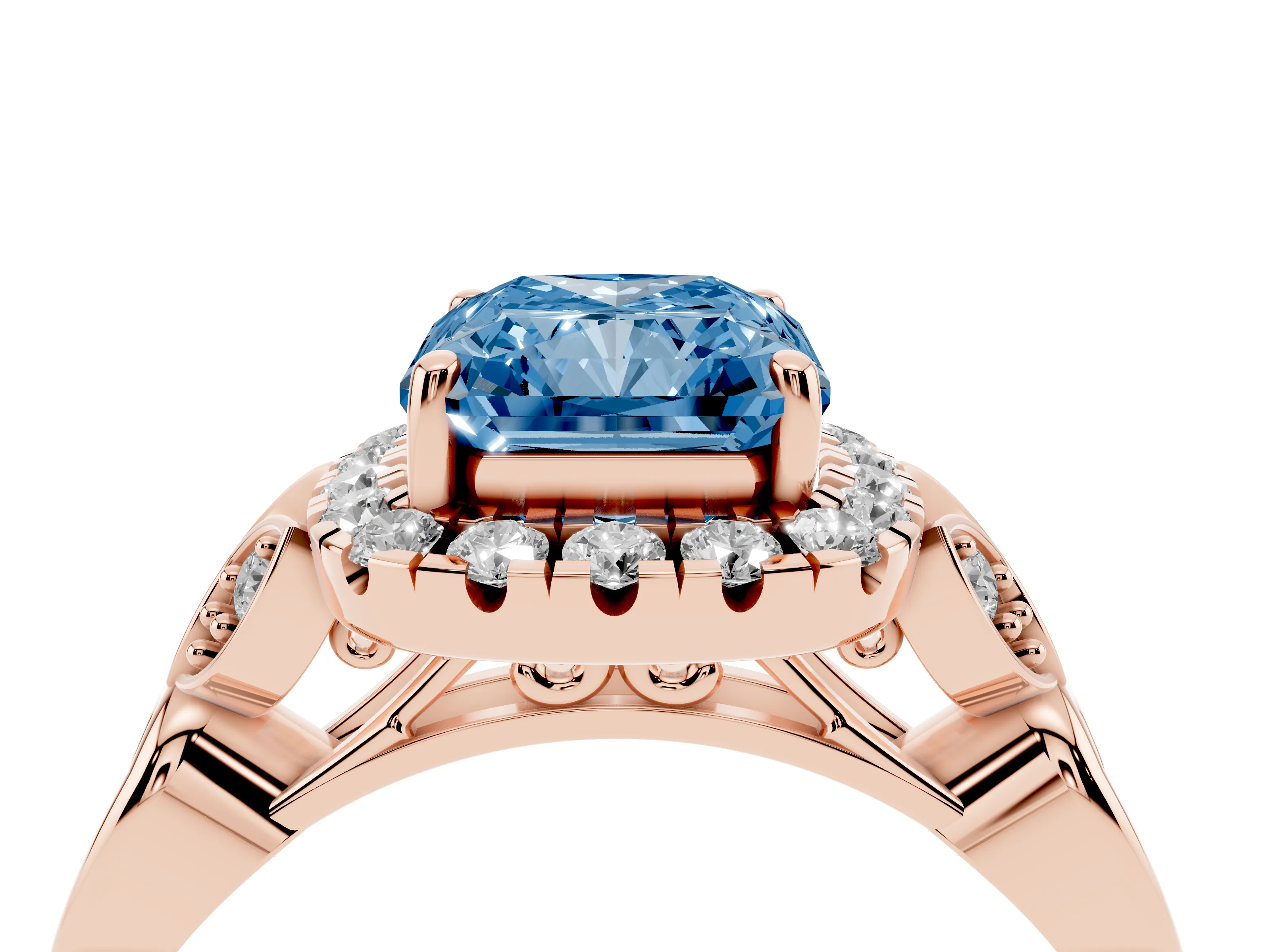 Fancy Blue Radiant Cut Diamond Halo Engagement Ring Set in Rose gold with Vintage-Inspired Band and Prong Setting