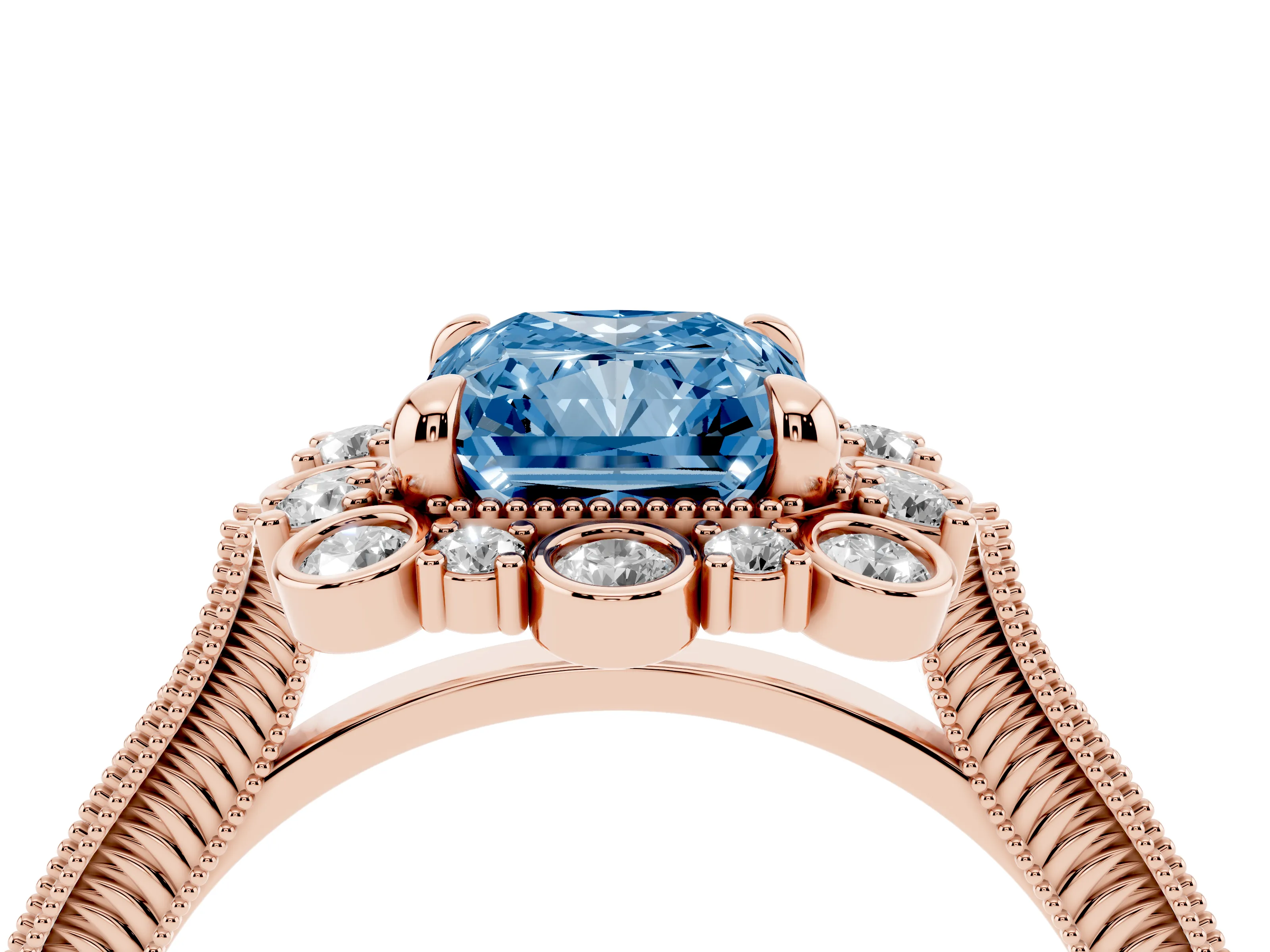 Fancy Blue Radiant Cut Diamond Halo Milgrain Pavé Ring Set in Rose gold with Prong Setting