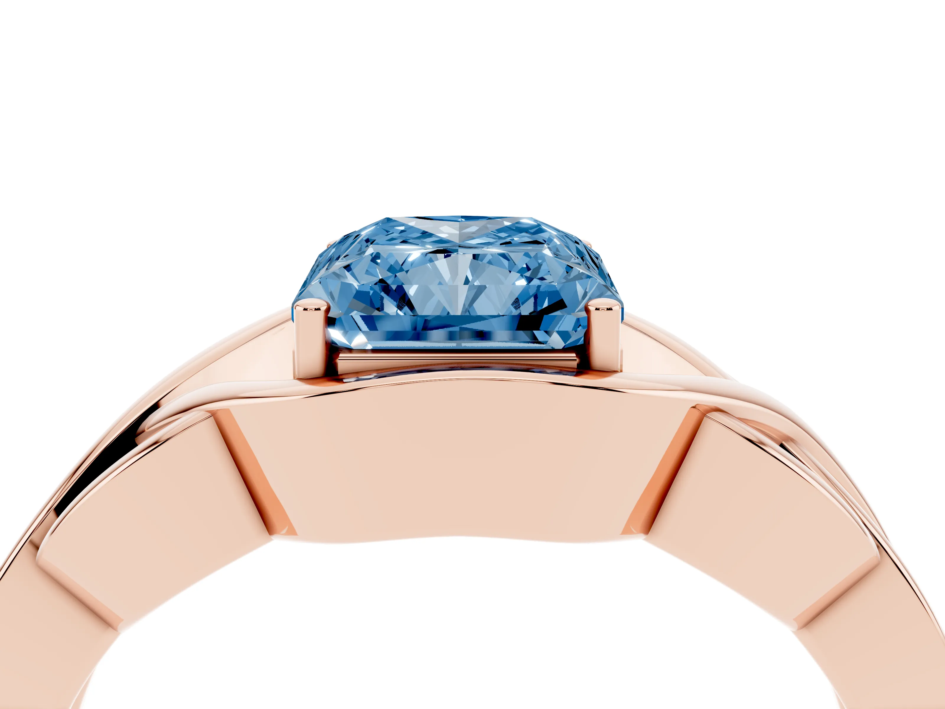 Fancy Blue Radiant Cut Diamond Solitaire Ring Set in Rose gold with Intertwined Band