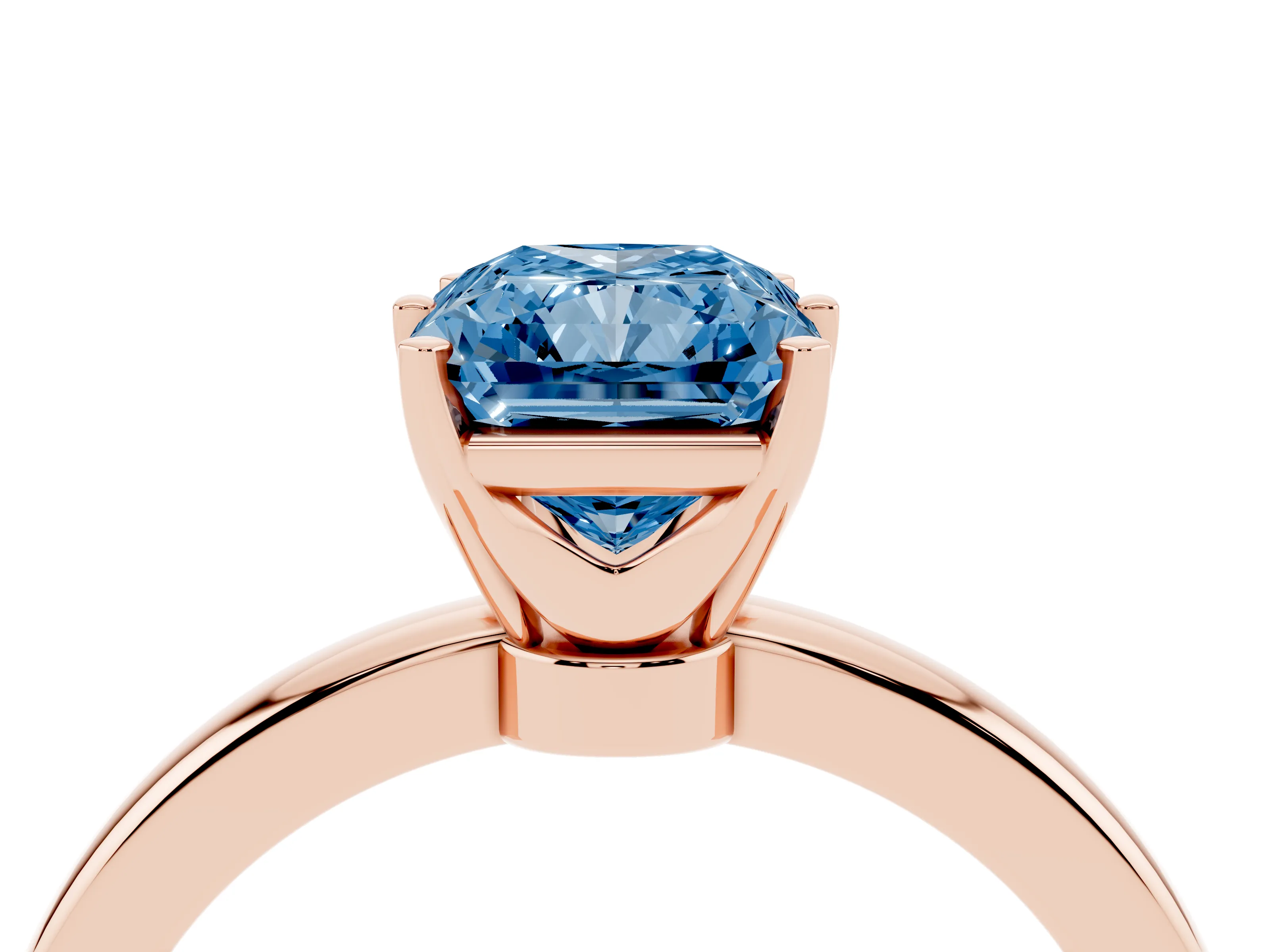 Fancy Blue Radiant Cut Diamond Solitaire Ring Set in Rose gold with Raised Prong Setting on a Classic Band