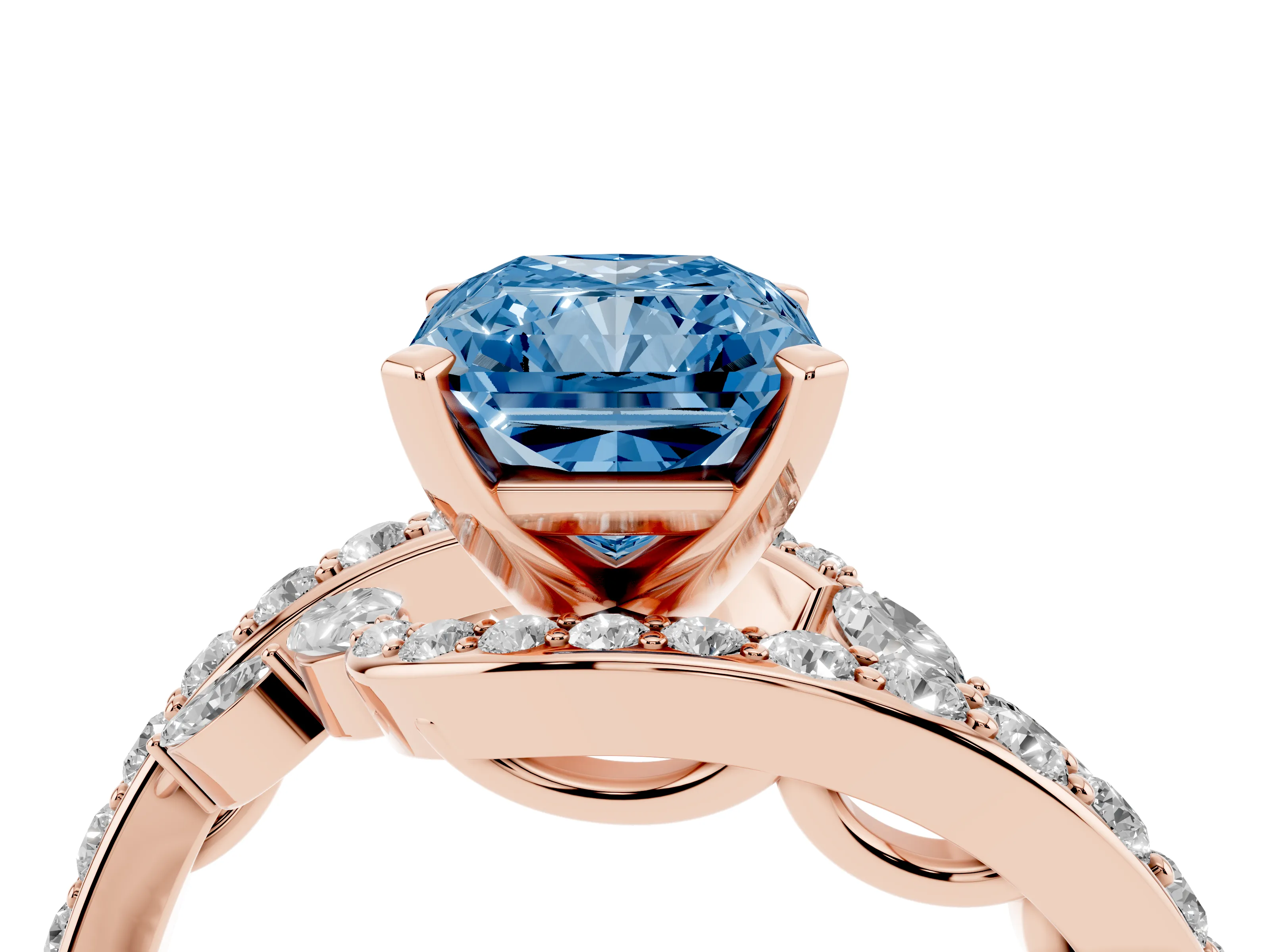 Fancy Blue Radiant Cut Diamond Solitaire Ring Set in Rose gold with Pavé Twist Band and Secure Prong Setting