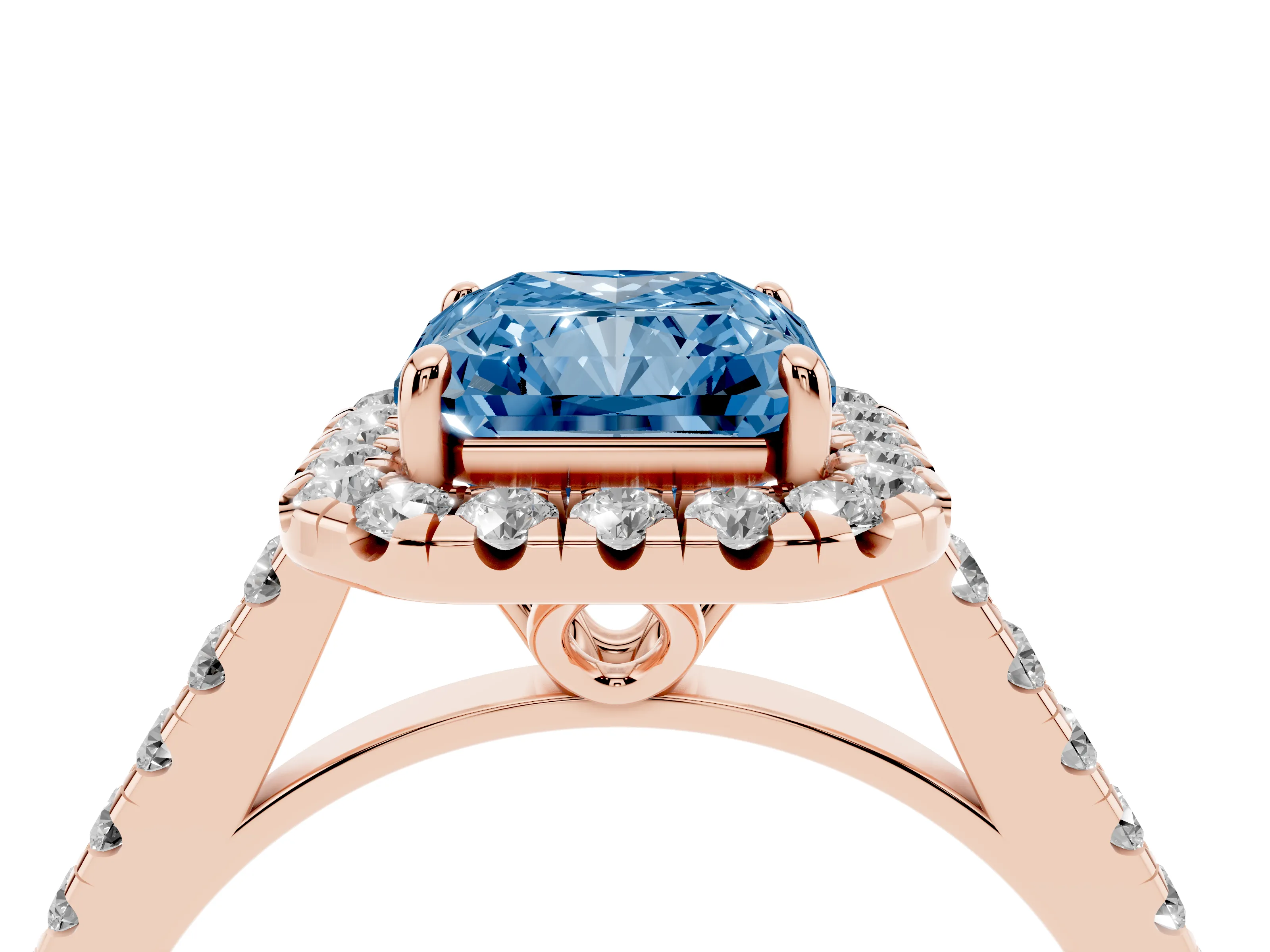 Fancy Blue Radiant Cut Diamond Pavé Halo Engagement Ring Set in Rose gold with Pavé Band and Prong Setting