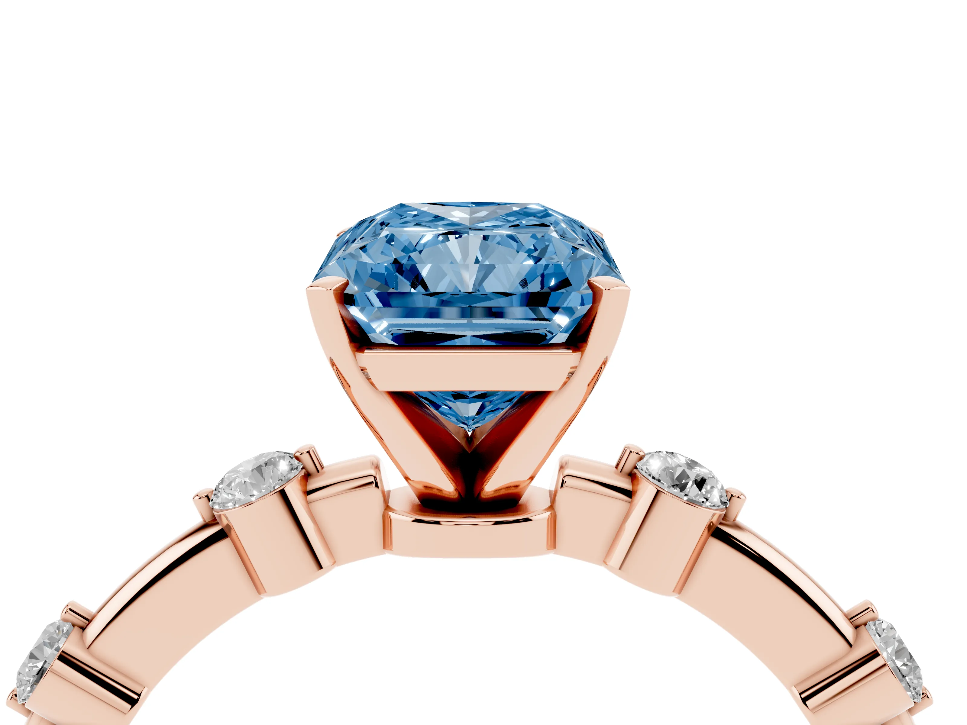 Fancy Blue Radiant Cut Diamond Solitaire Ring Set in Rose gold with Bezel Set Side Stones and Prong Setting