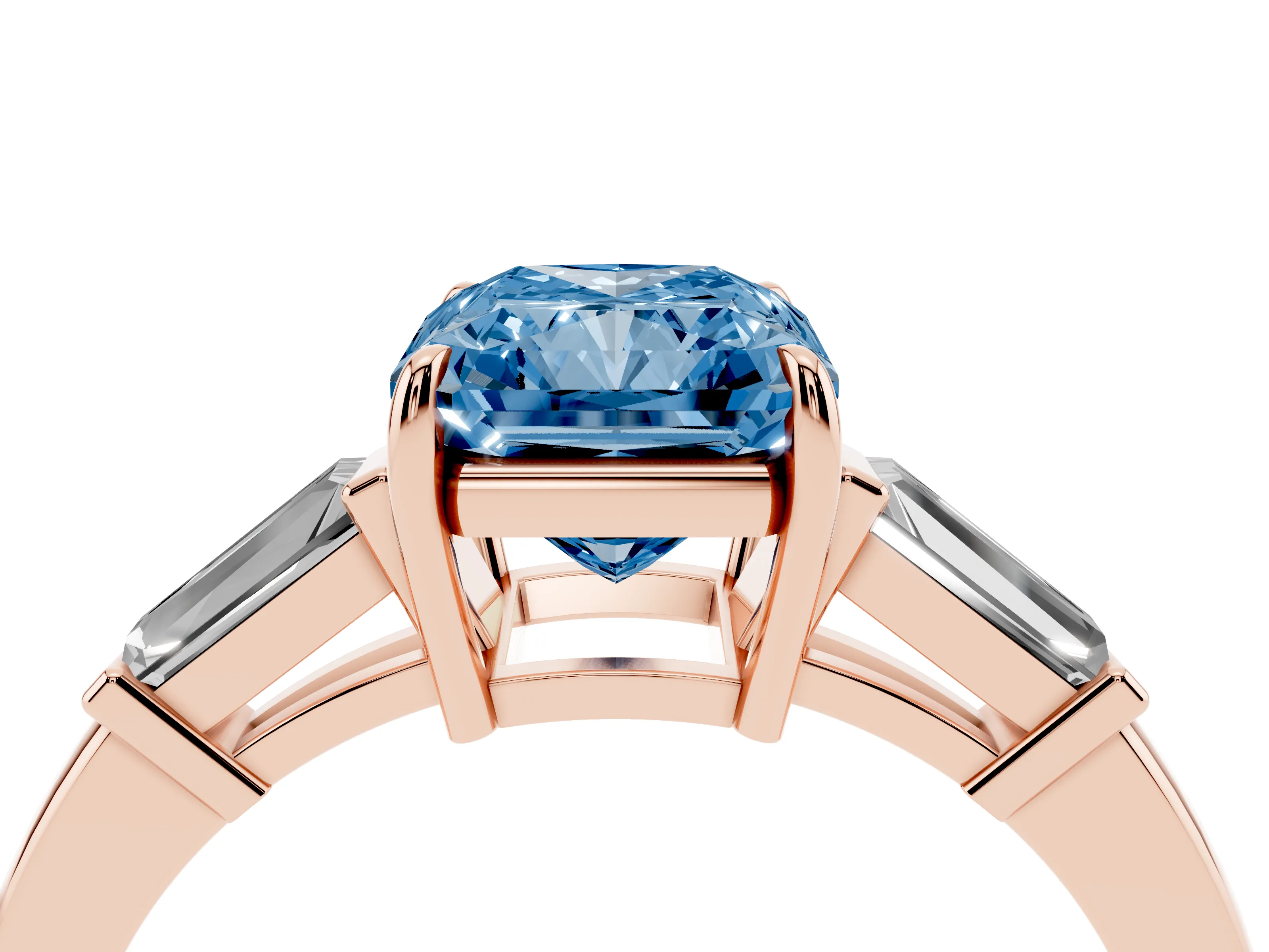 Fancy Blue Radiant Cut Diamond Three-Stone Ring Set in Rose gold with Tapered Baguette Side Stones and Prong Setting